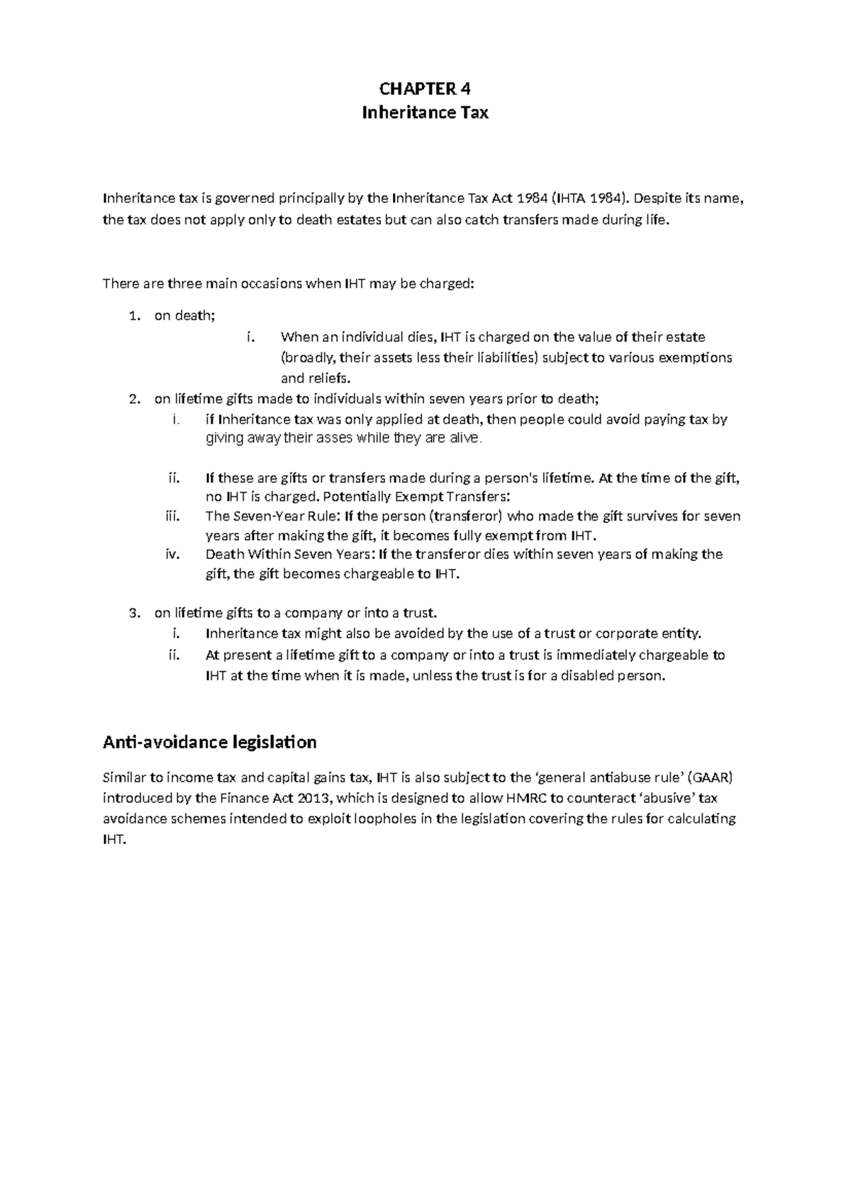 Chapter 4 Inheritance tax - Inheritance Tax Inheritance tax is governed ...