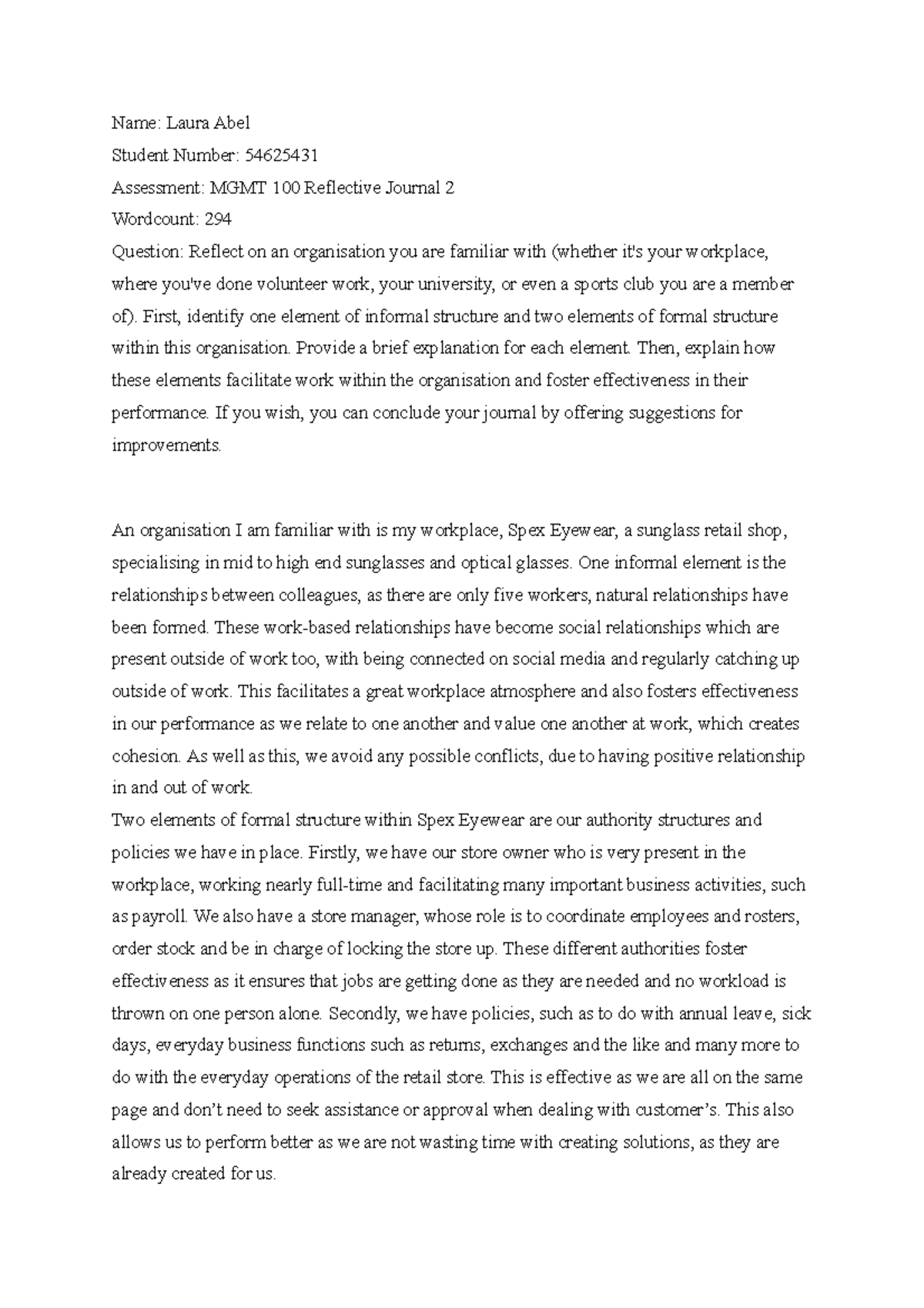 Reflective Journal 2 - First, identify one element of informal ...