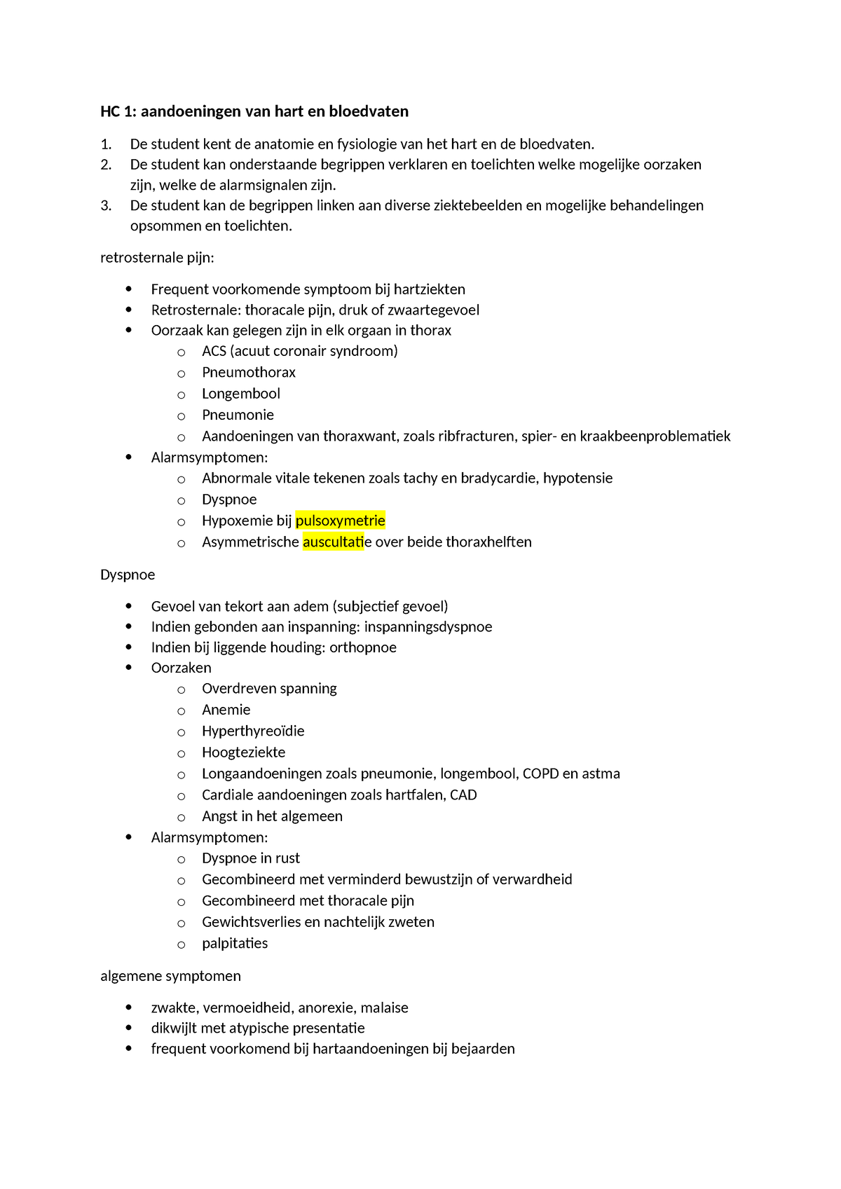 HC 1; cardiologie 1 - Samenvatting Klinische zorgtrajecten 2 - HC 1 ...