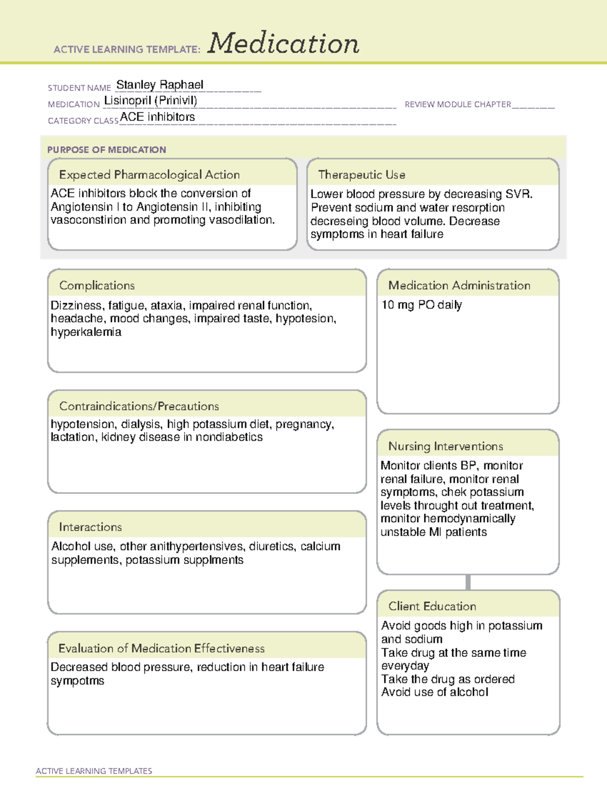 Lisinopril Med Sheet - Active Learning Templates Medication Student 