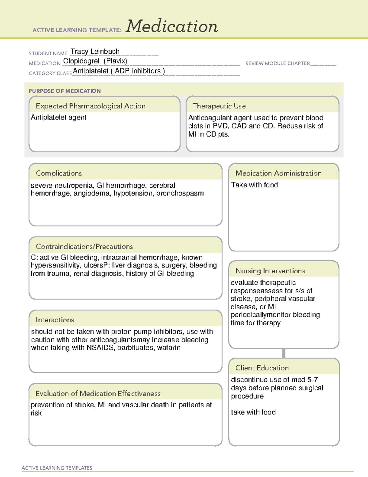 Clopidogrel - Med card - ACTIVE LEARNING TEMPLATES Medication STUDENT ...