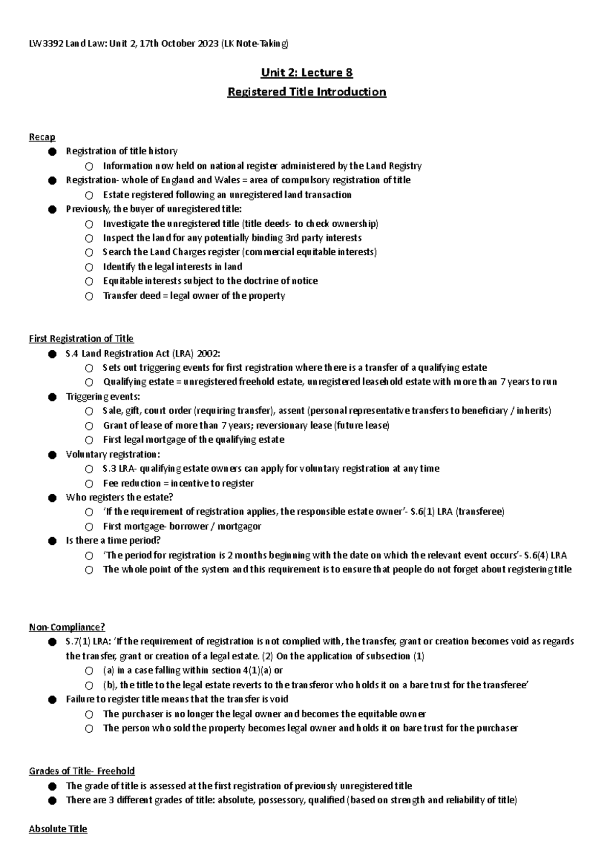 Land Law Unit 2 Lecture 8 - LW3392 Land Law: Unit 2, 17th October 2023 ...