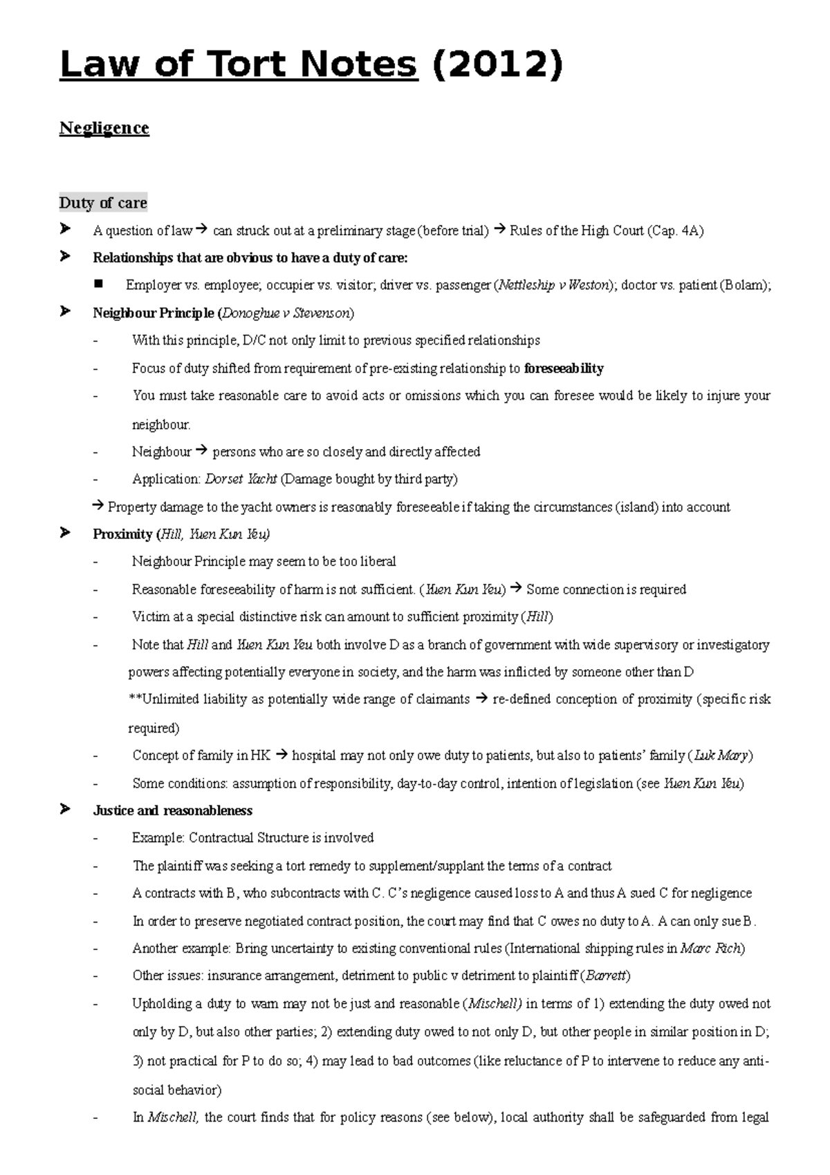 Tort-Notes-2012 - Law of Tort Notes (2012) Negligence Duty of care A ...