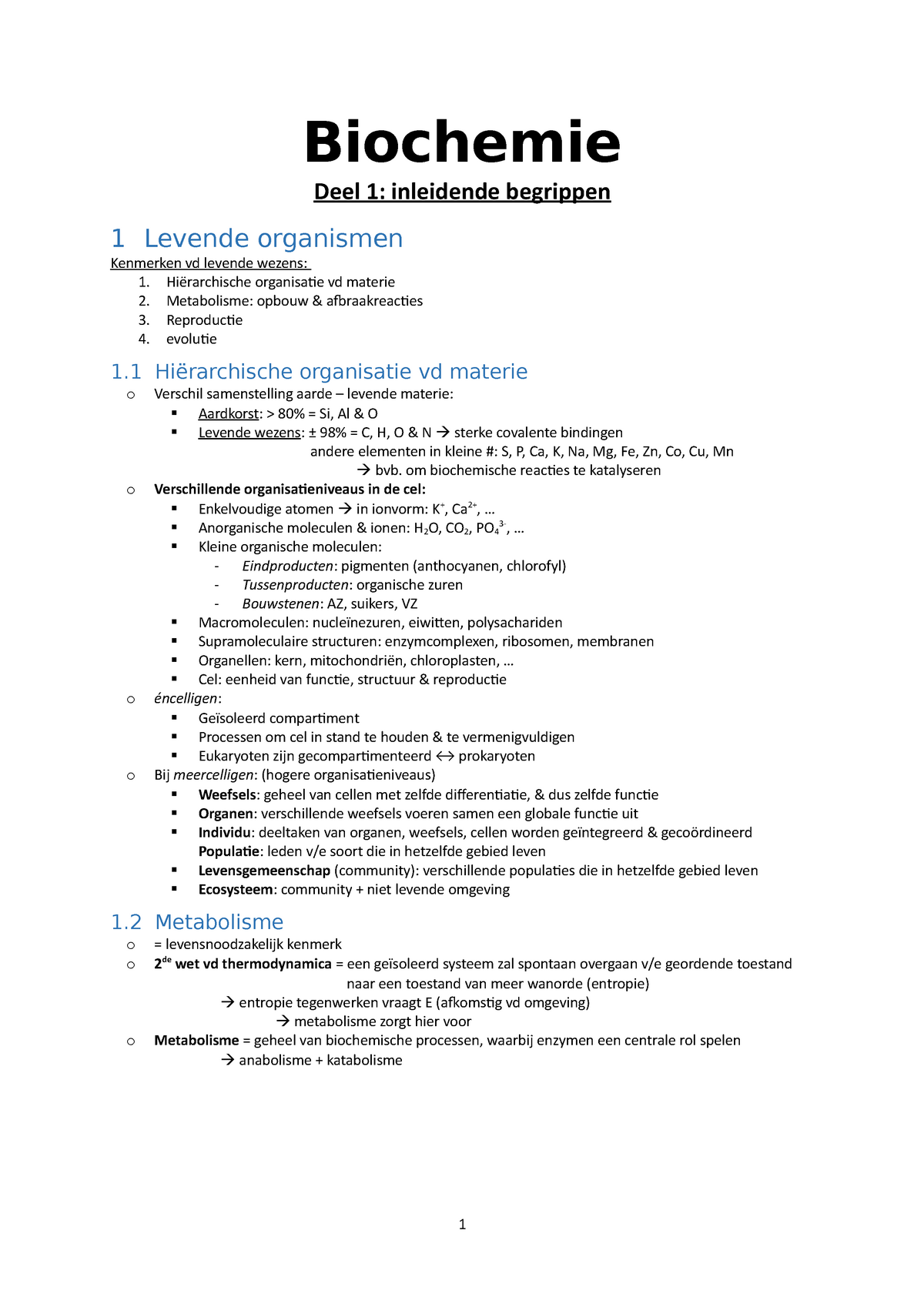 Samenvatting Van Biochemie Biochemie Deel 1 Inleidende Begrippen 1 Levende Organismen 8292