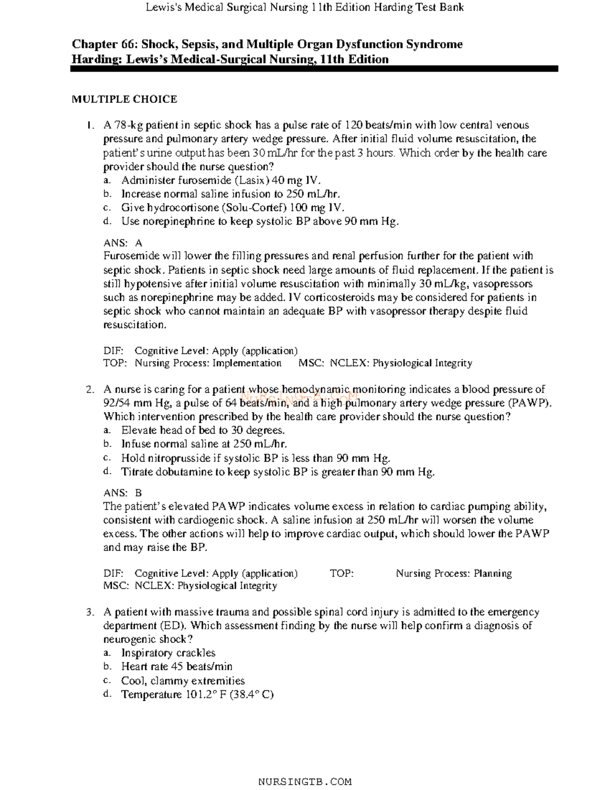 66 - Lewis Medsurge - NURSINGTB Chapter 66: Shock, Sepsis, And Multiple ...