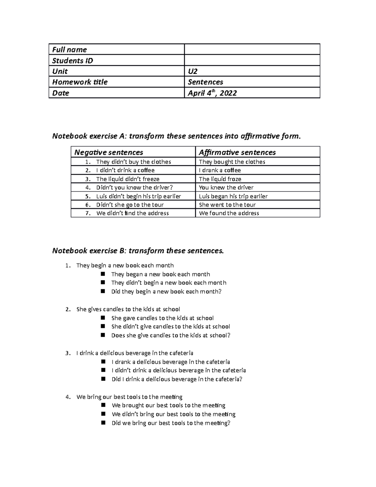 Sentenses - Full name Students ID Unit U Homework title Sentences Date ...