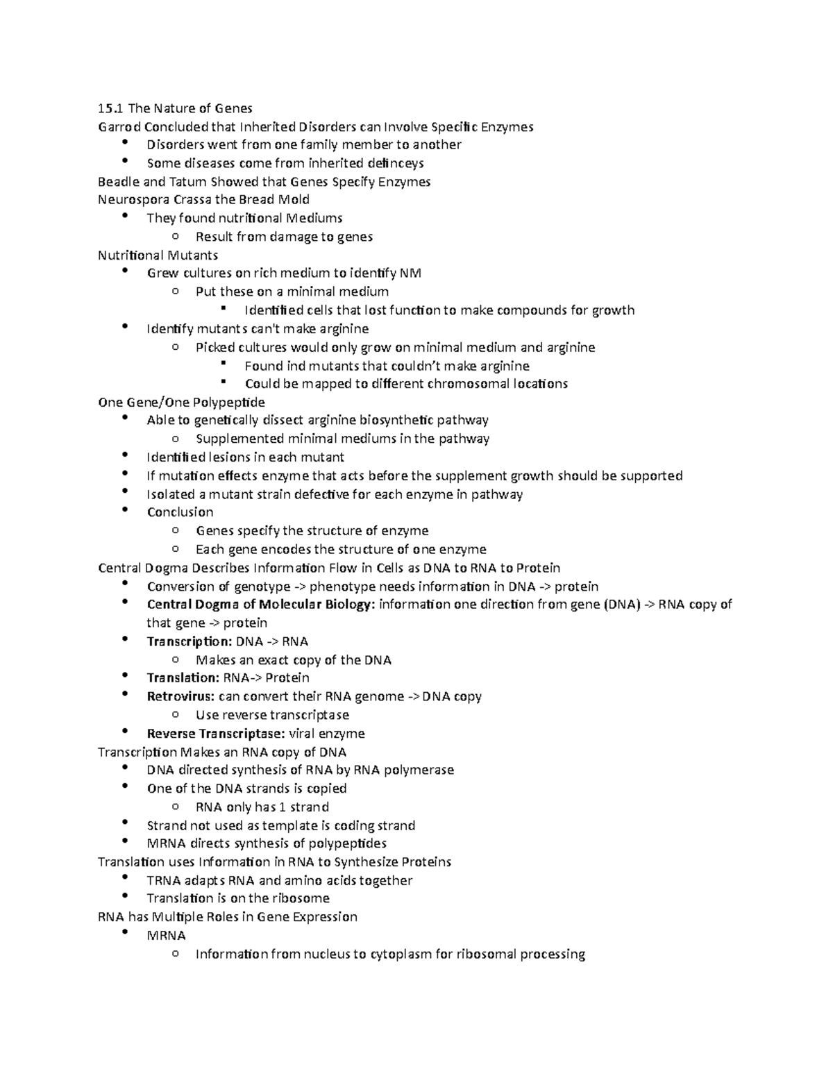 Bio 1510 Notes Chatper 15 - 15 The Nature of Genes Garrod Concluded ...