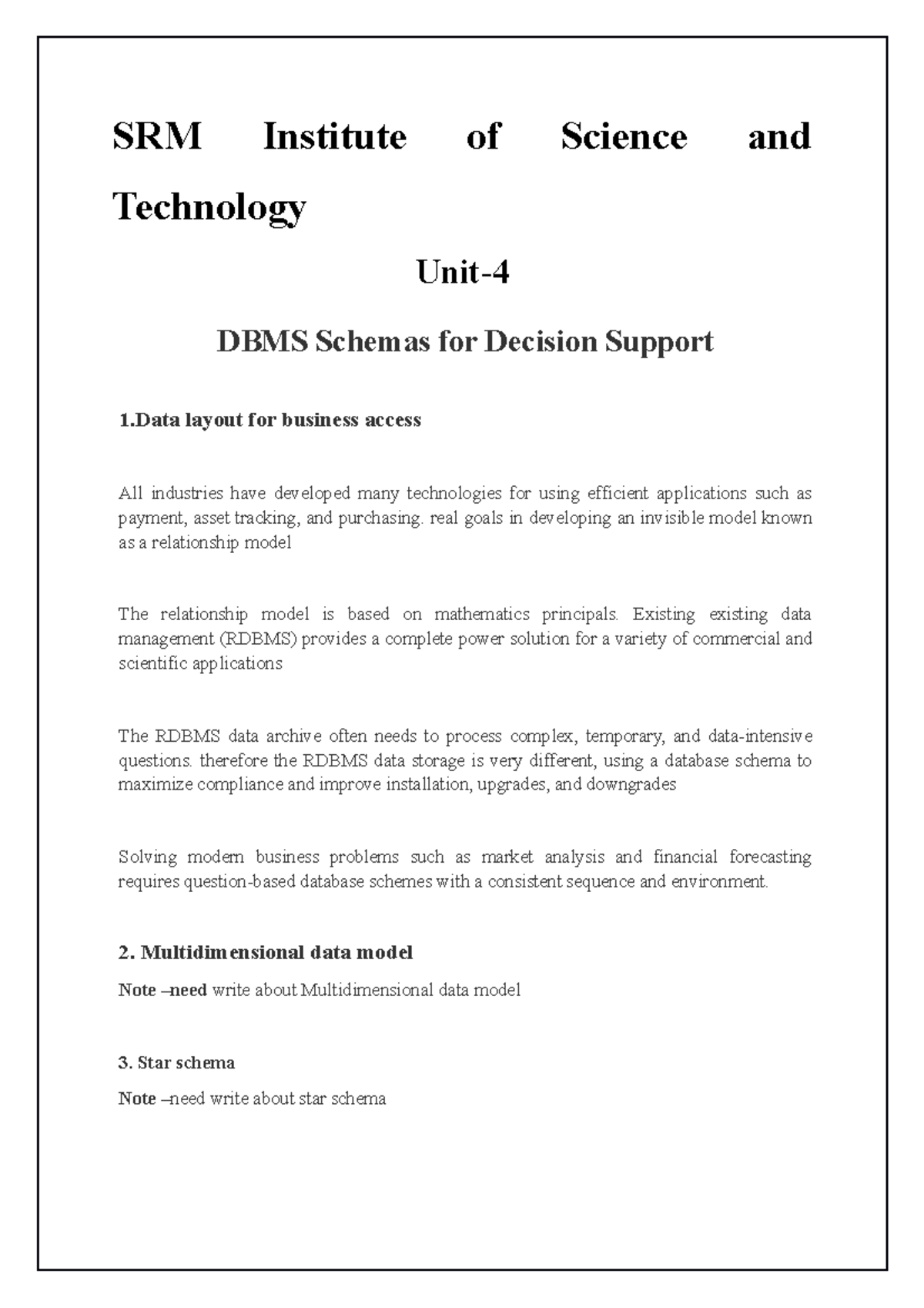 Dbms schemas for decision support srm institute of science and
