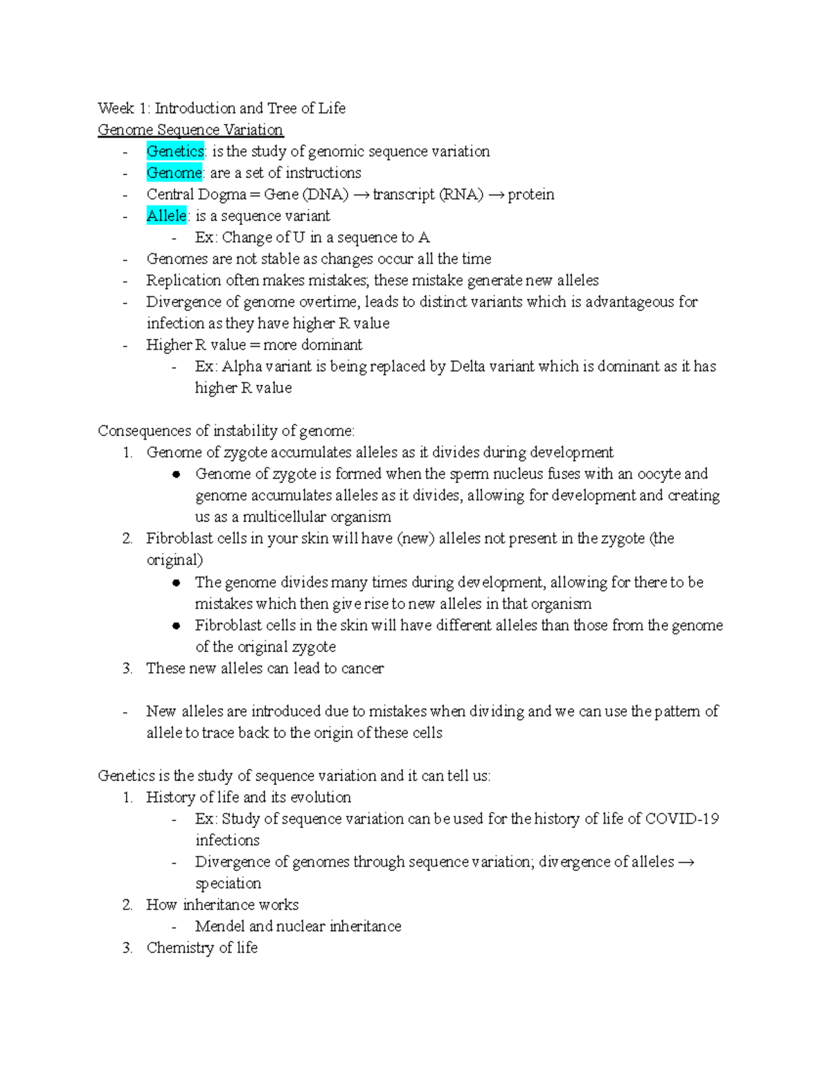 Genetics Notes Week 1-3 - Week 1: Introduction and Tree of Life Genome ...