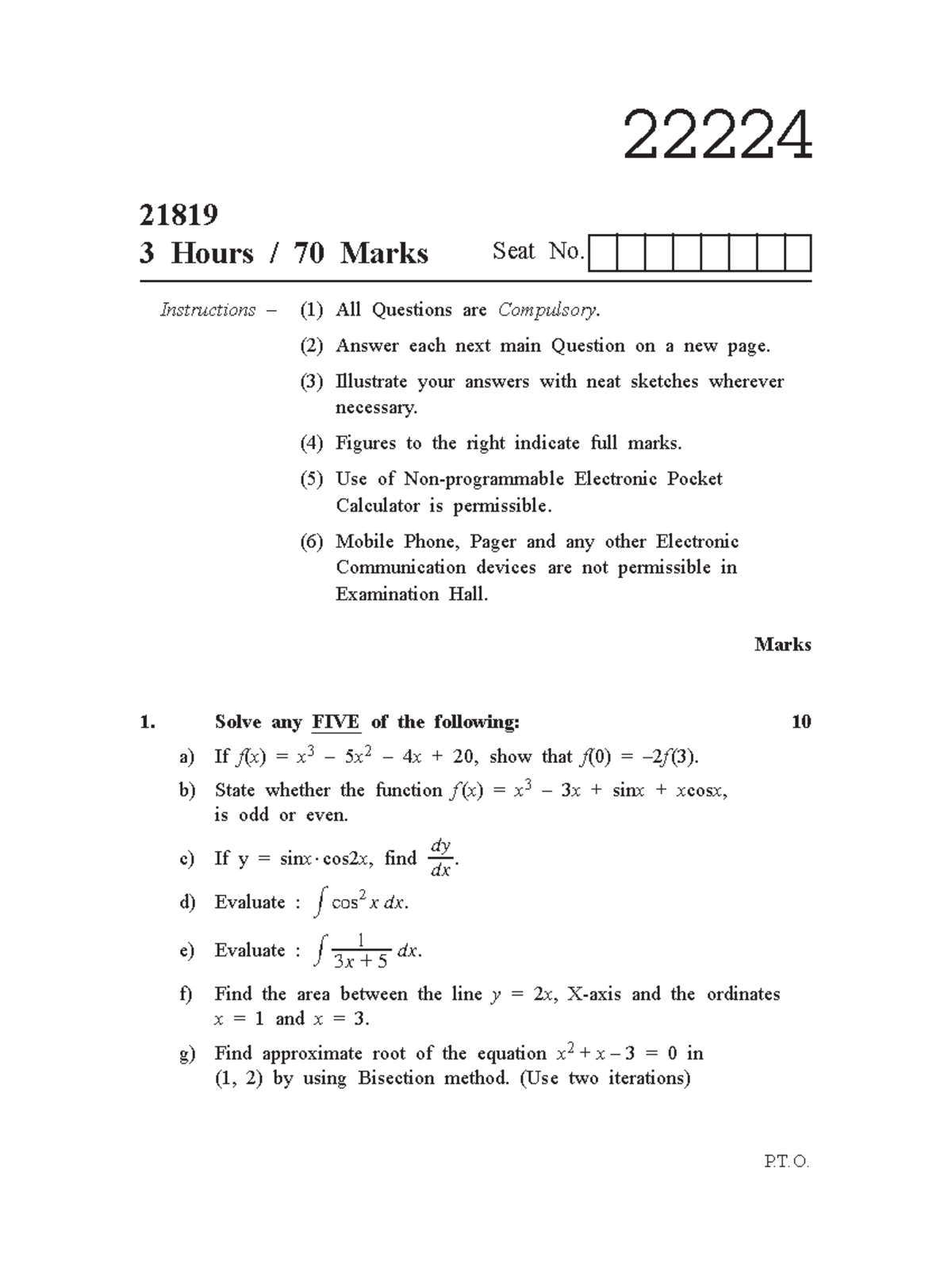 Maths question paper - 22224 21819 3 Hours / 70 Marks Seat No. P.T ...