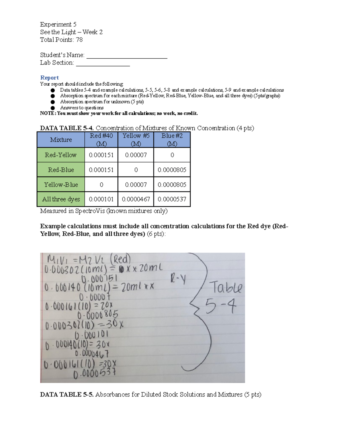 CHEM 109 Exp. 5 See the Light Week 2 See the Light Week 2 Total