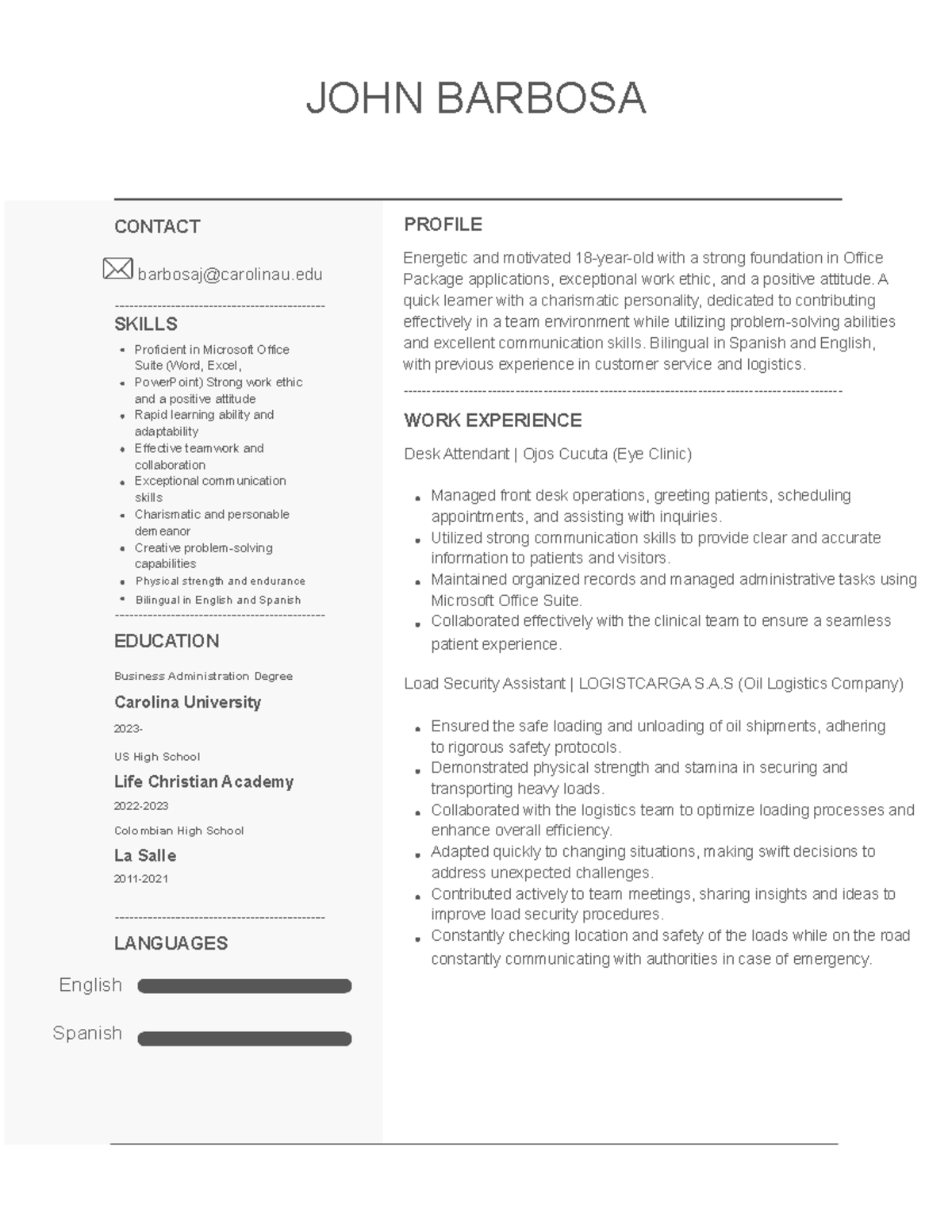 Minimalist White and Grey Professional Resume - JOHN BARBOSA CONTACT ...