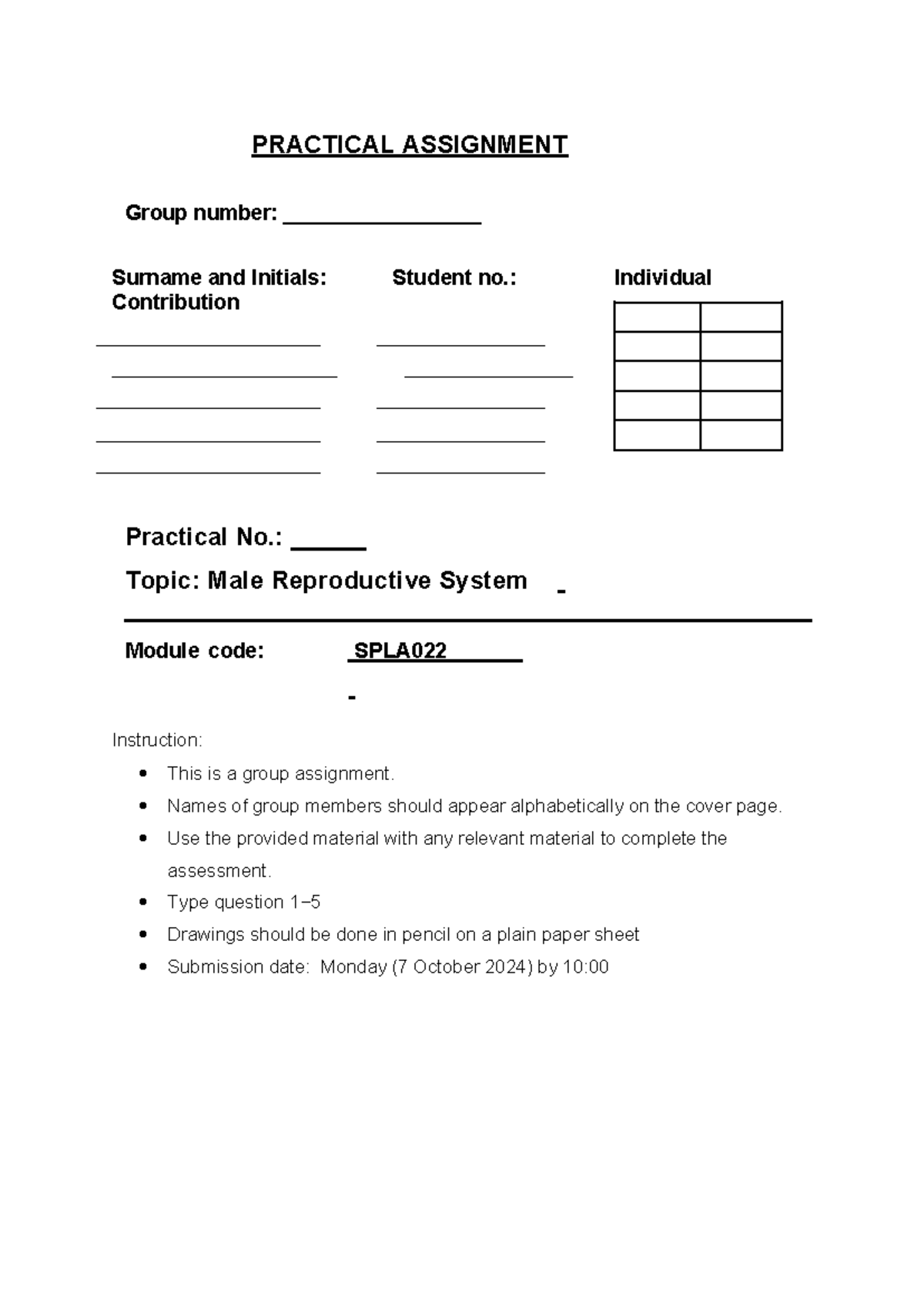 SPLA022 male reproductive system prac - PRACTICAL ASSIGNMENT Group ...