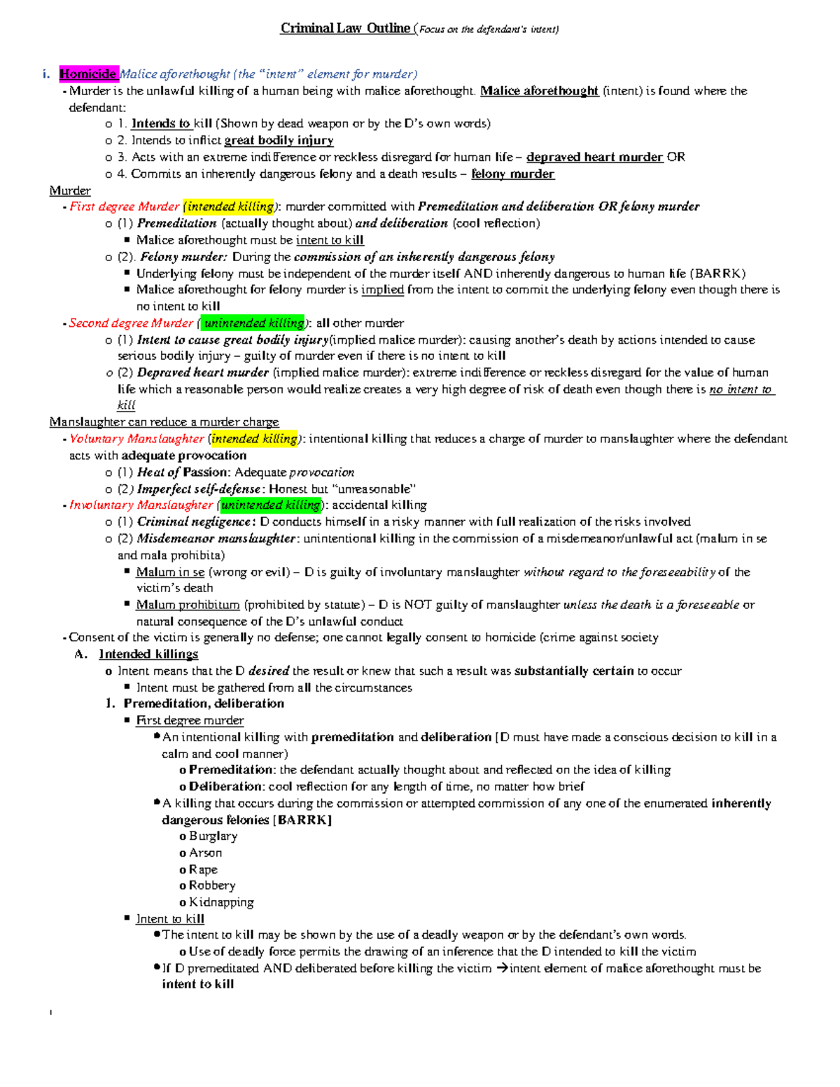 criminal-law-outline-i-homicide-malice-aforethought-the-intent