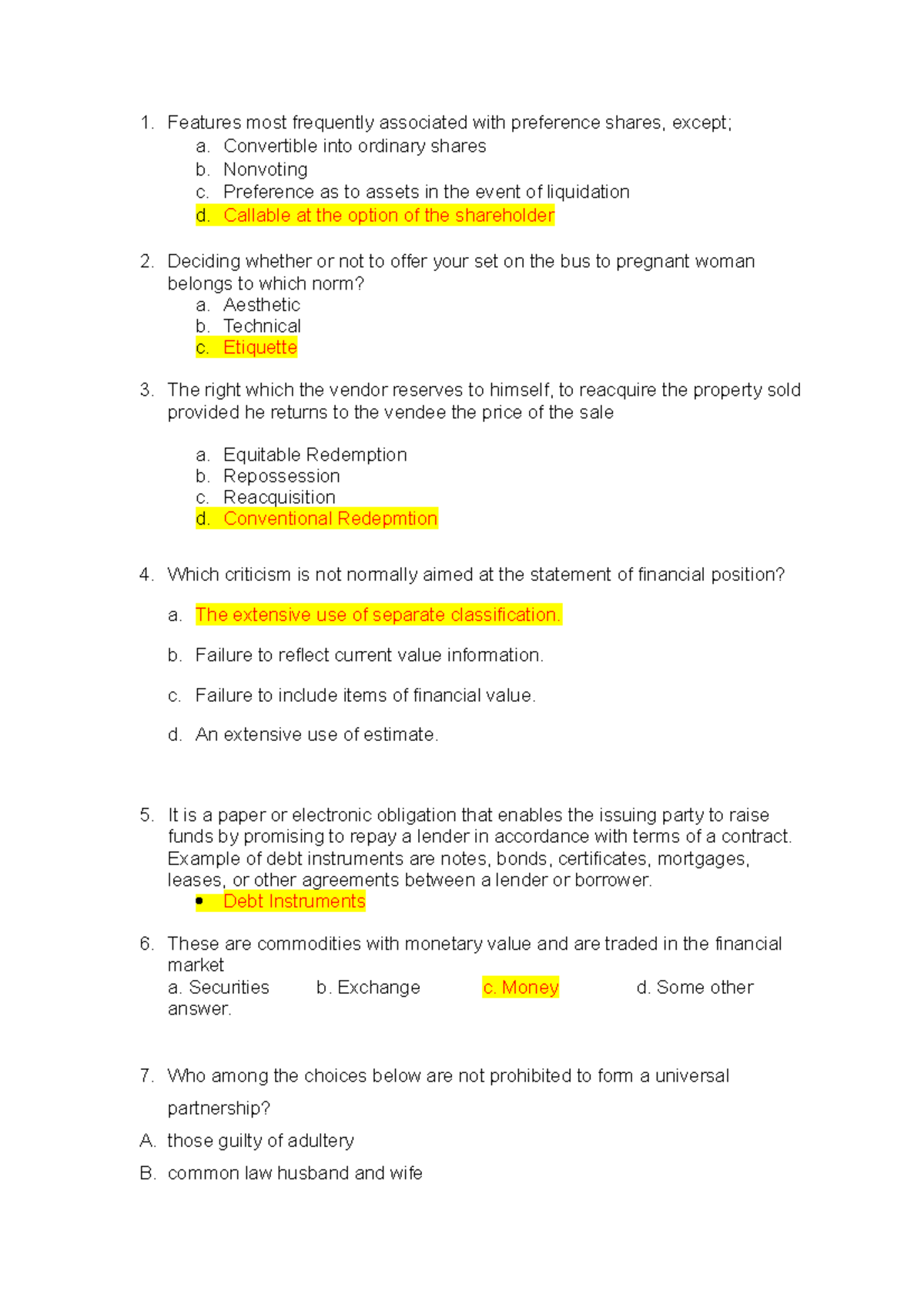 Debt Instruments - Features most frequently associated with preference ...