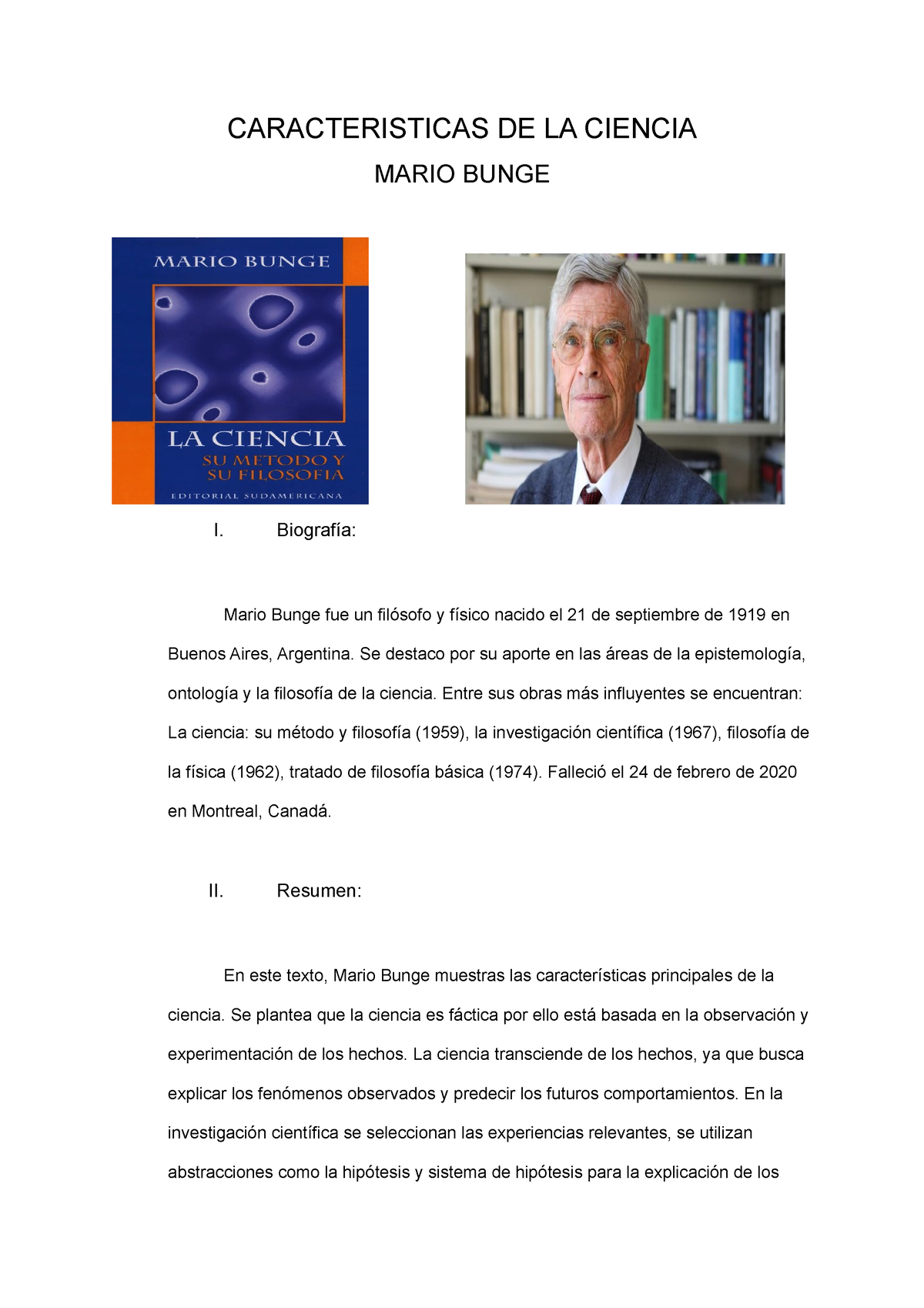 Bunge Final - CARACTERISTICAS DE LA CIENCIA MARIO BUNGE I. Biografía ...