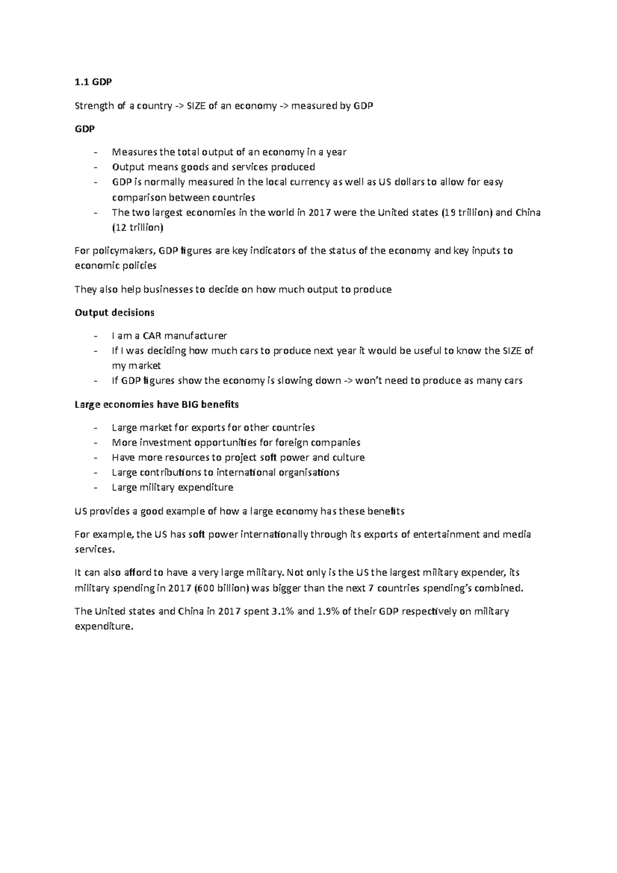 Lecture 1 - GDP - 1 GDP Strength of a country -> SIZE of an economy ...