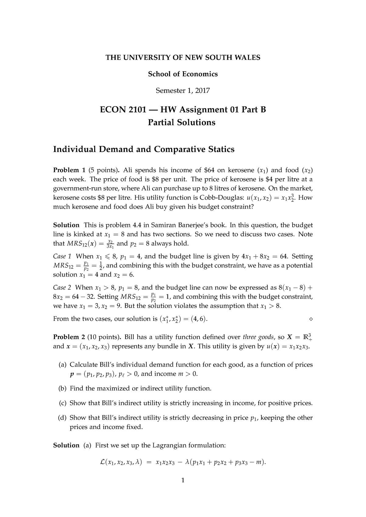 ECON2101 HW01 B Sol - Homework Solution - THE UNIVERSITY OF NEW SOUTH ...