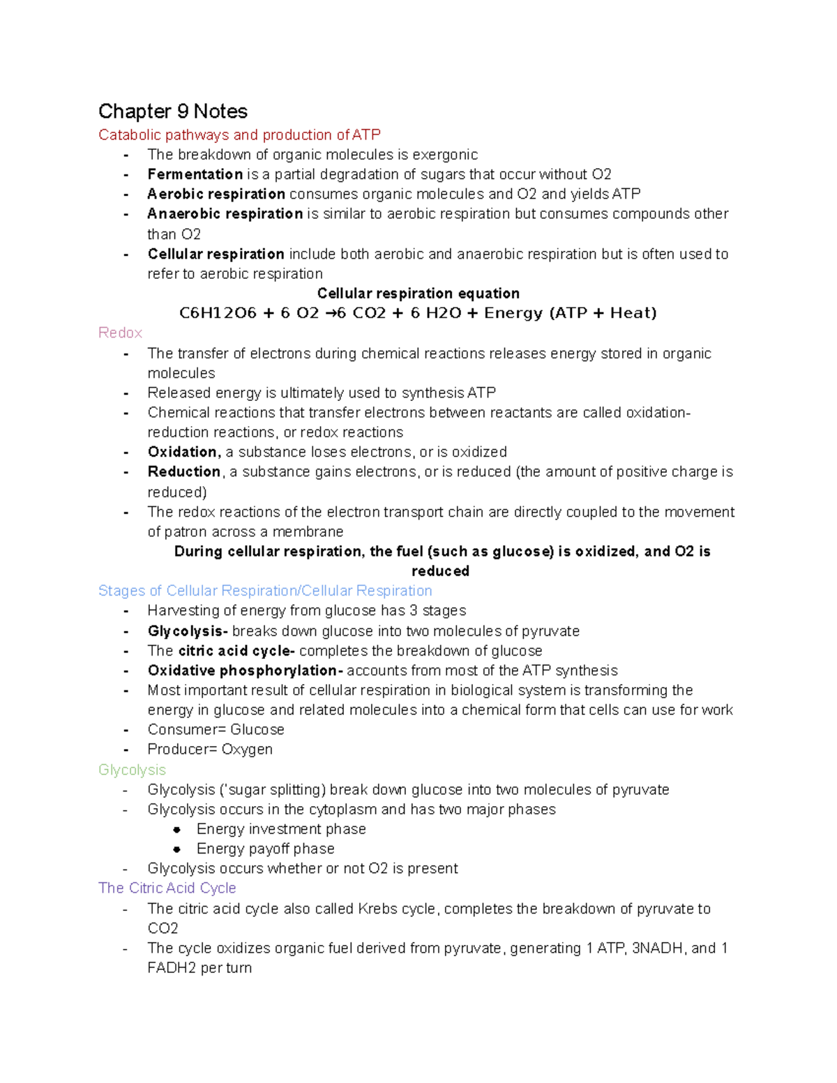 Chapter 9 notes Chapter 9 Notes Catabolic pathways and production of