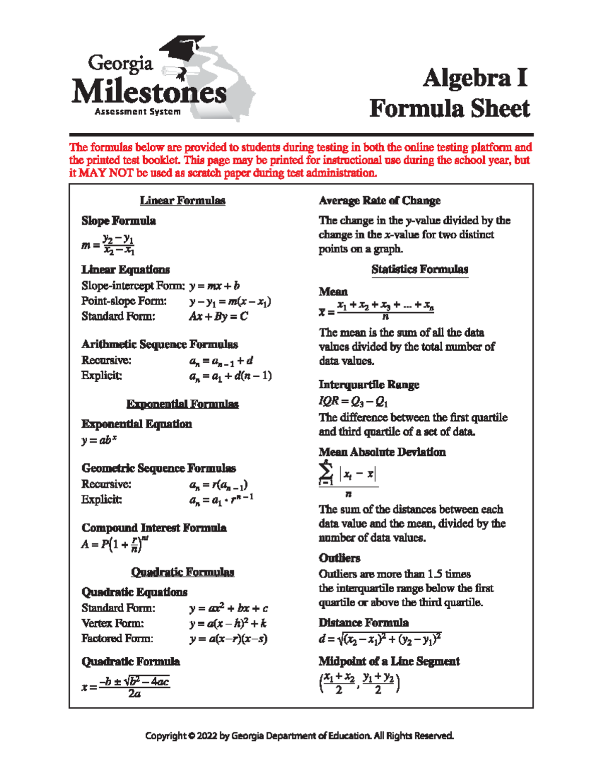 Algebra Formula Sheet - Georgia Milestones Algebra I Assessment System ...