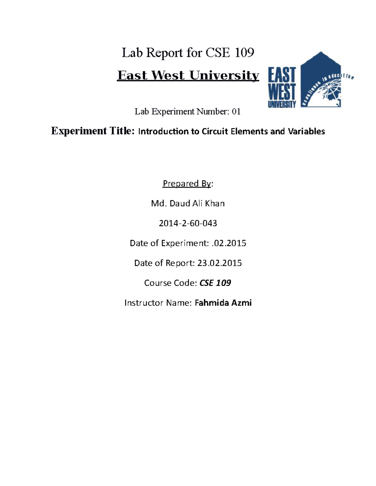 Electrical Circuits - Lab Report for CSE 109 East West University Lab ...