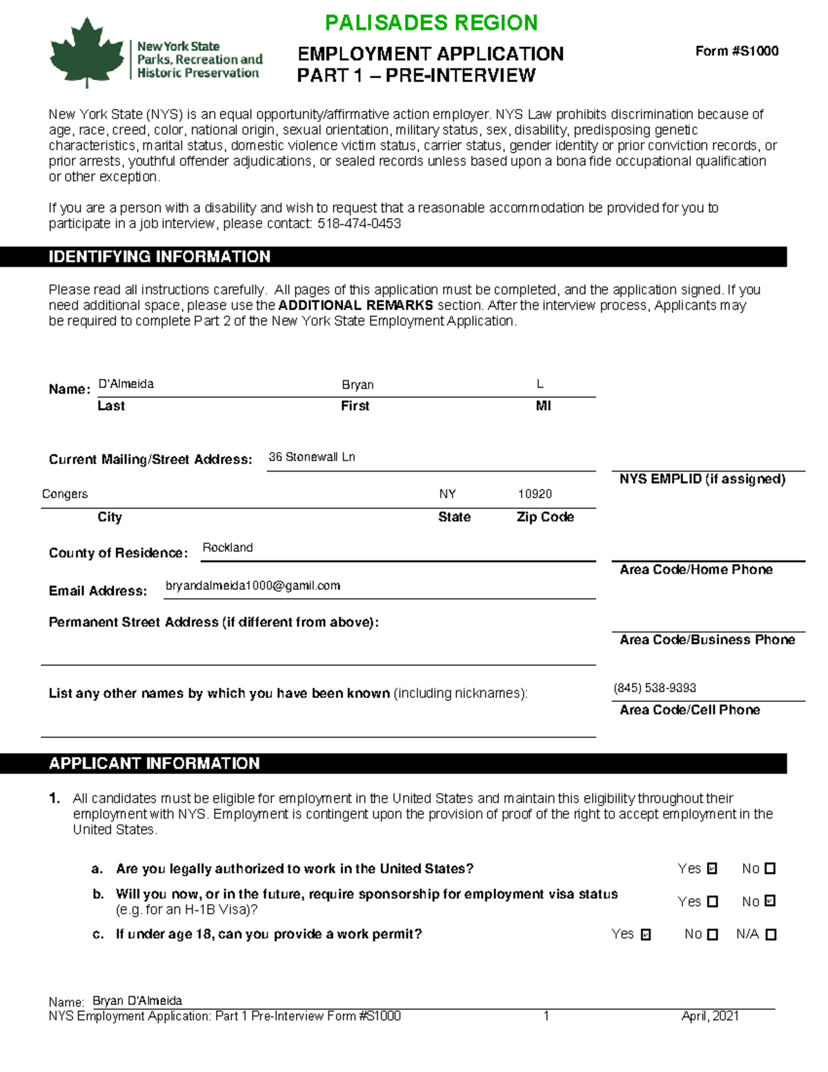 Rockland lake - nature and trees - EMPLOYMENT APPLICATION PART 1 – PRE ...