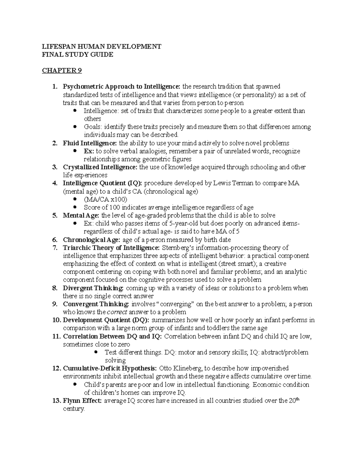 Final EXAM LSHD Lecture notes 9 LIFESPAN HUMAN DEVELOPMENT FINAL