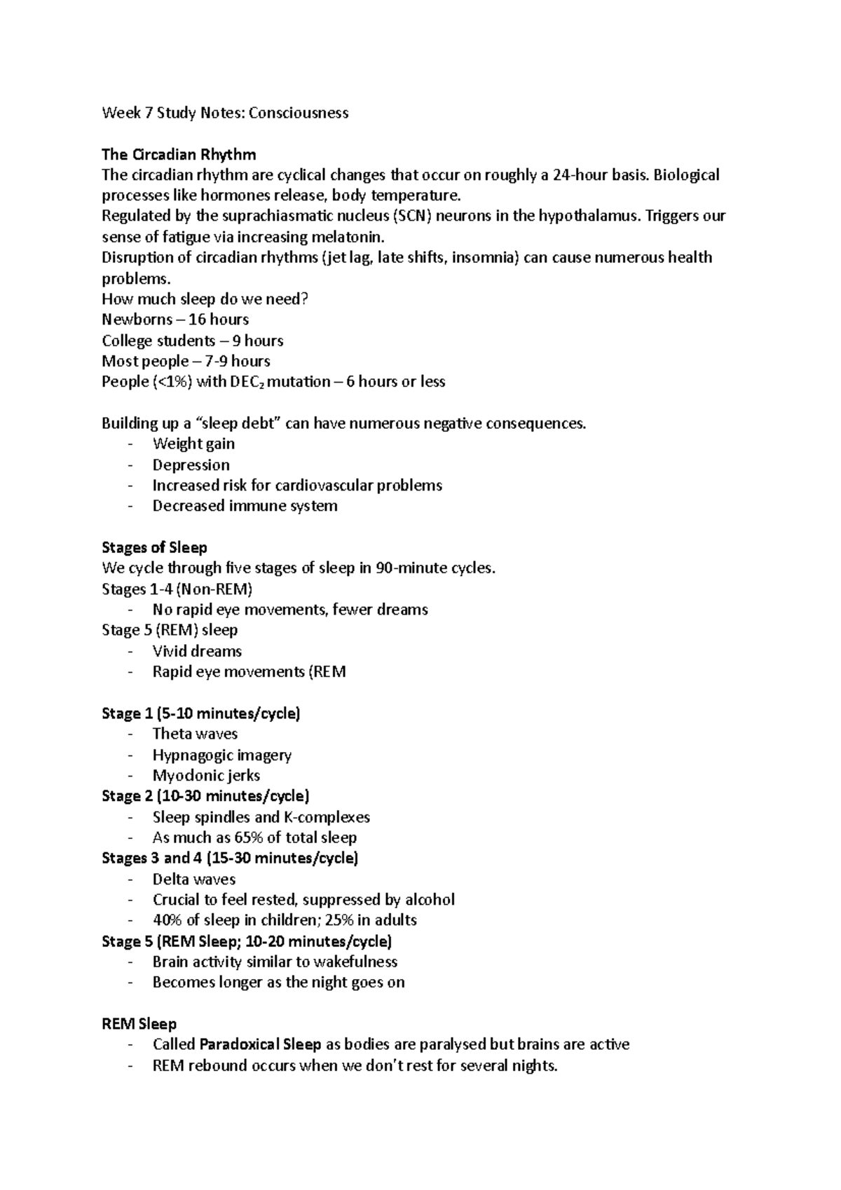 Week 7 Study Notes - Week 7 Study Notes: Consciousness The Circadian ...