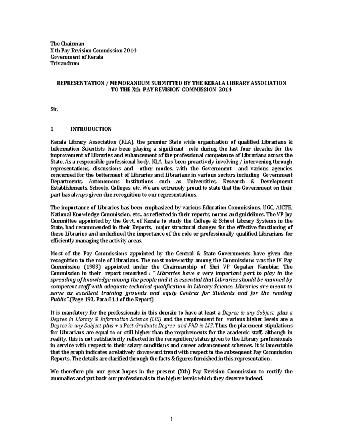 Representation 2014 - Library - The Chairman X th Pay Revision Commission  2014 Government of Kerala - StuDocu