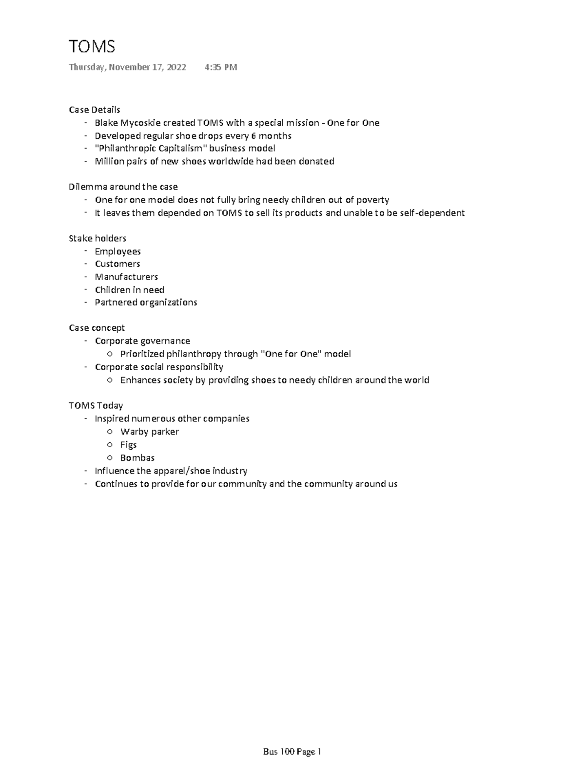 TOMS Case Study Case Details Blake Mycoskie created TOMS with a special mission One for