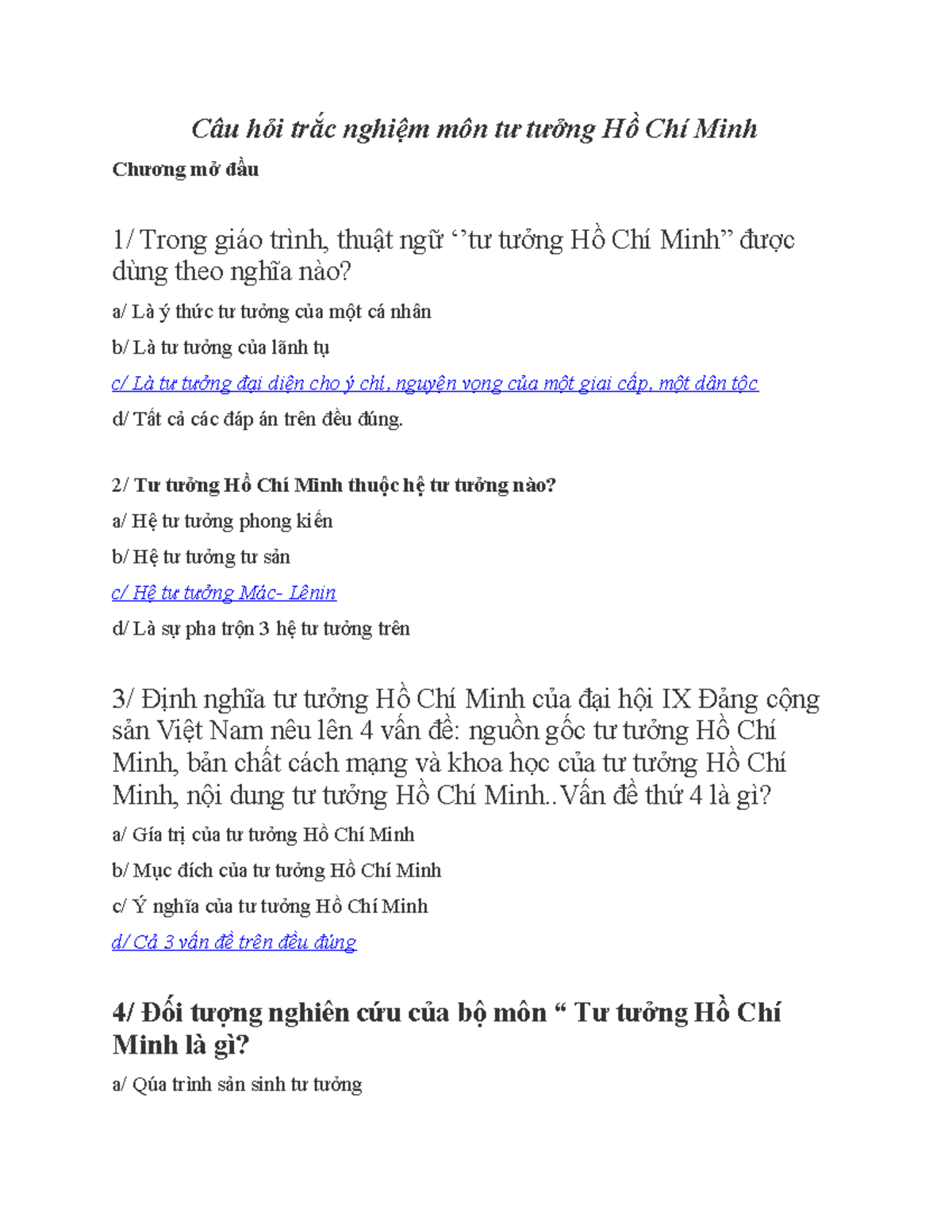 Câu hỏi trắc nghiệm môn tư tưởng Hồ Chí Minh Câu hỏi trắc nghiệm môn