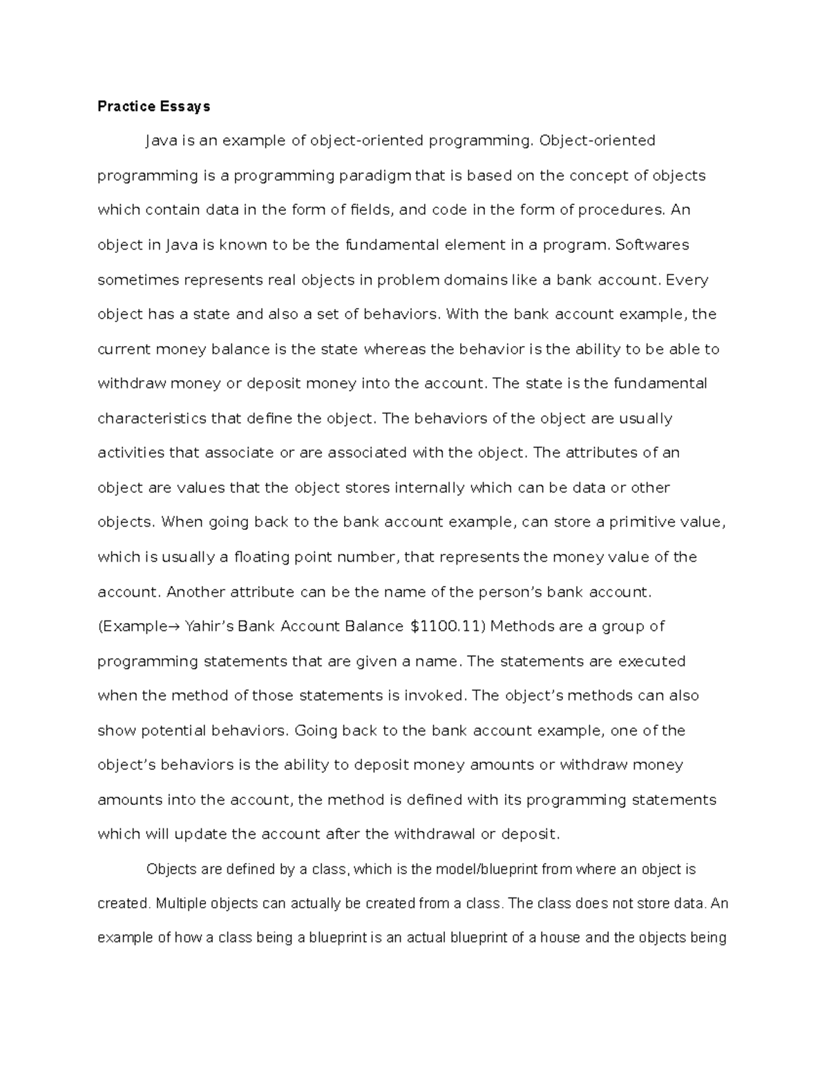 CSC-2660 Essay 5 - Practice Essays Java is an example of object ...