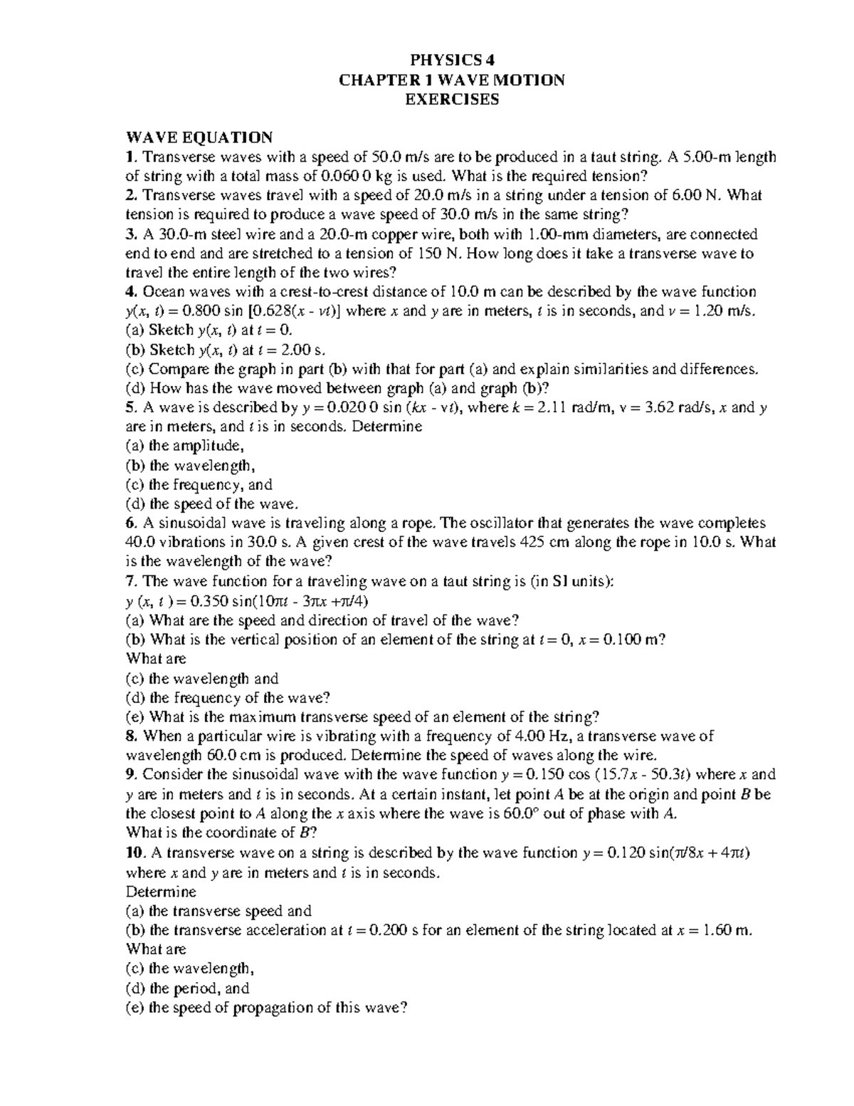 PHYS4-CH1-Extra Problem New - PHYSICS 4 CHAPTER 1 WAVE MOTION EXERCISES ...