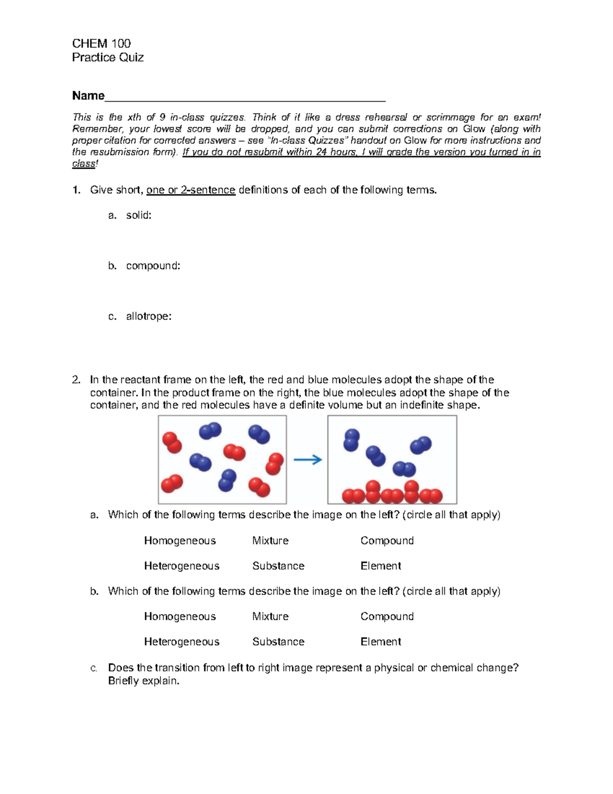 Practice Quiz - CHEM 100 Practice Quiz Name ...