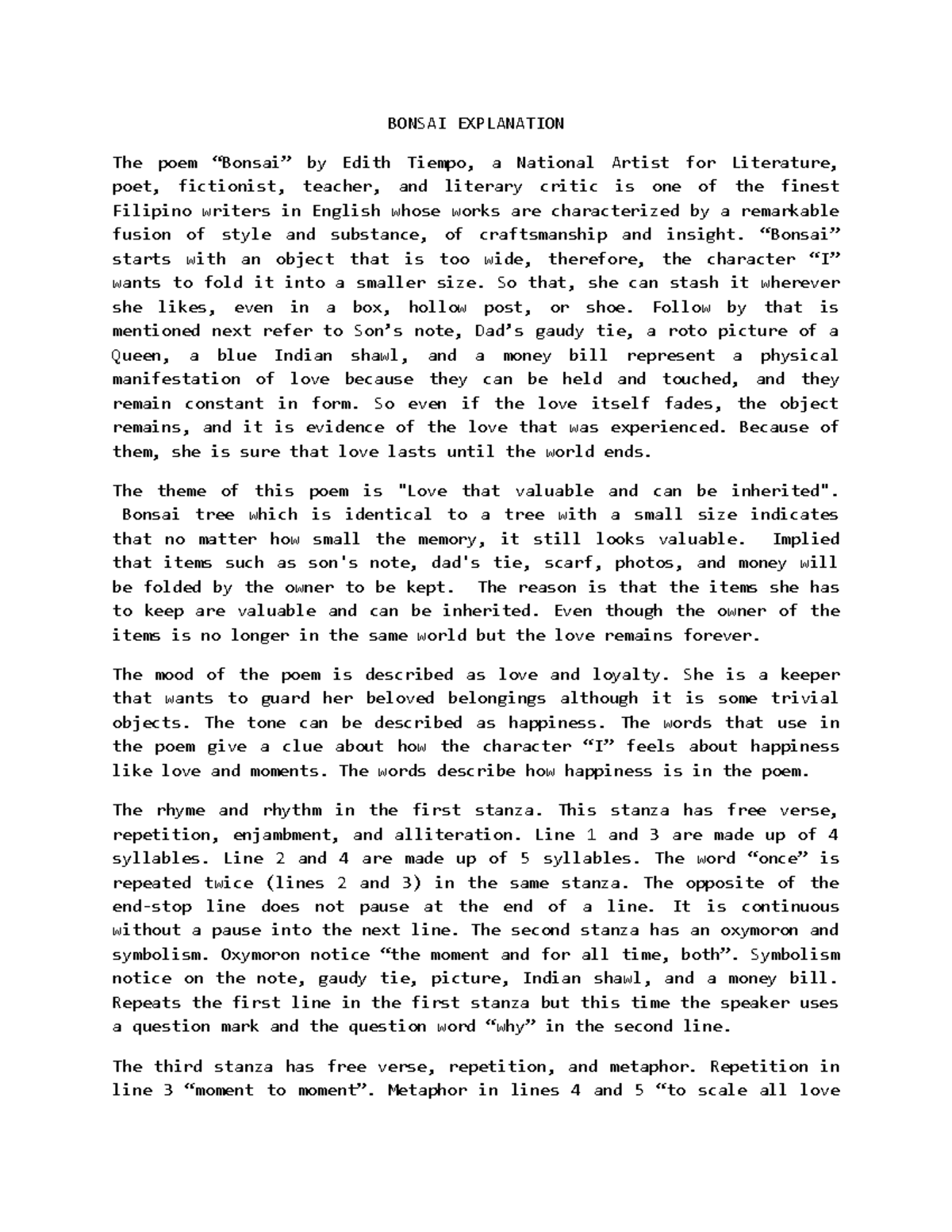 Bonsai Explanation BONSAI EXPLANATION The poem “Bonsai” by Edith