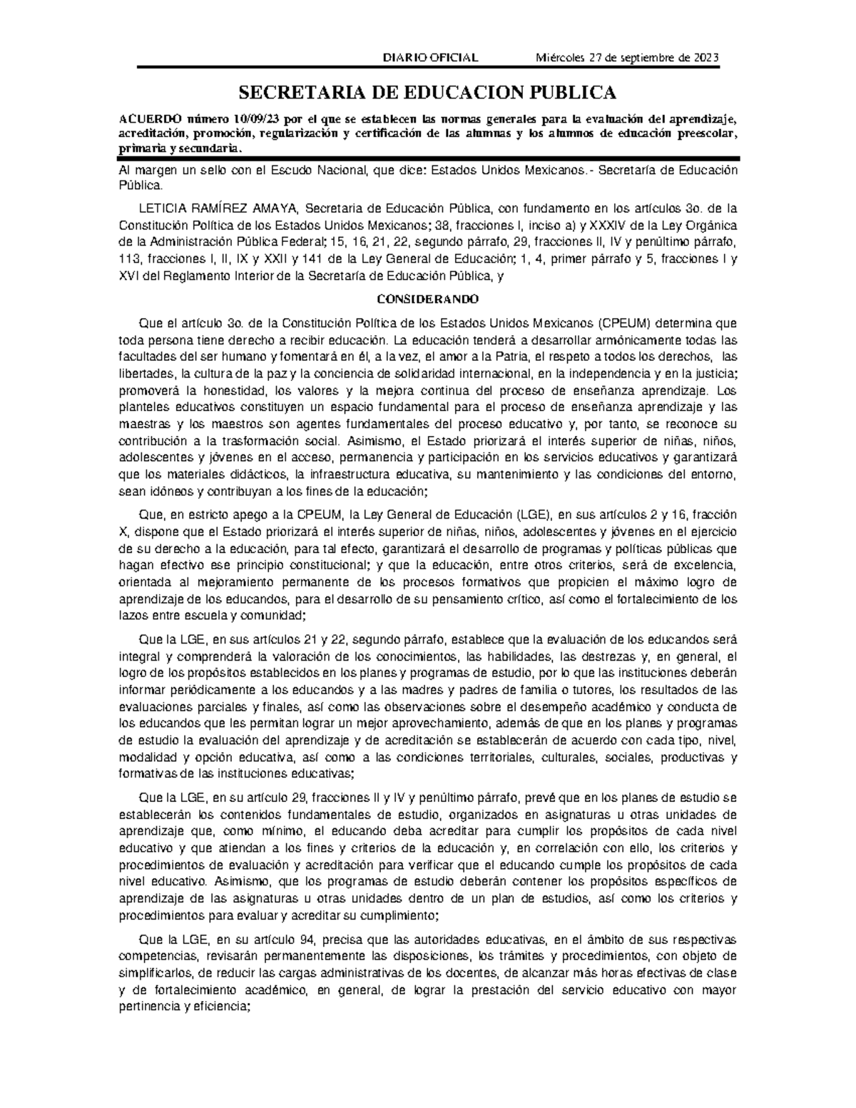 Acuerdo 100923 normas generales para la evaluacion del aprendizaje ...