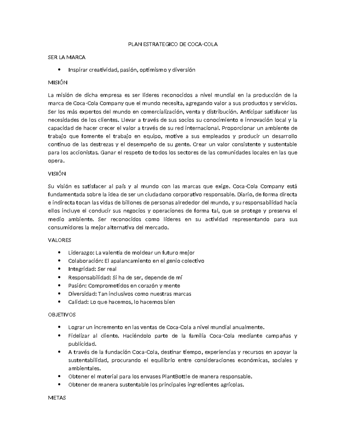 PLAN Estrategico DE COCA-COLA - PLAN ESTRATEGICO DE COCA-COLA SER LA ...