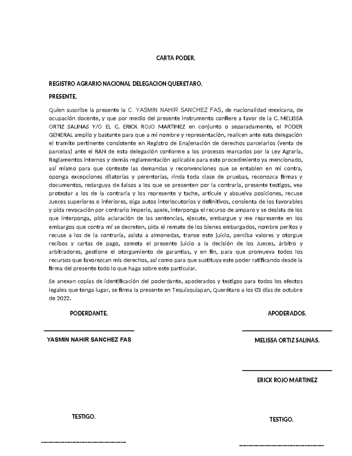 Carta Poder para el ran - CARTA PODER. REGISTRO AGRARIO NACIONAL ...