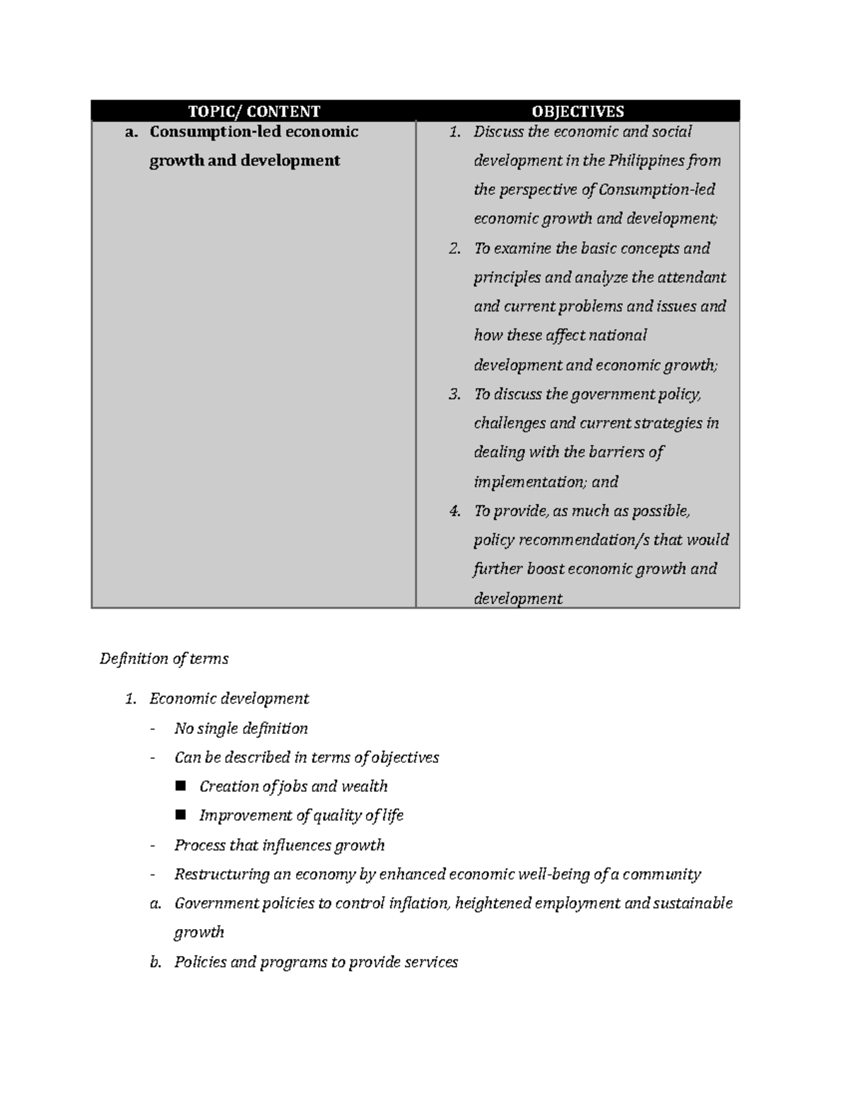 Homeworkssadfdsasfadadgadg - CONTENT a. economic OBJECTIVES 1. Discuss