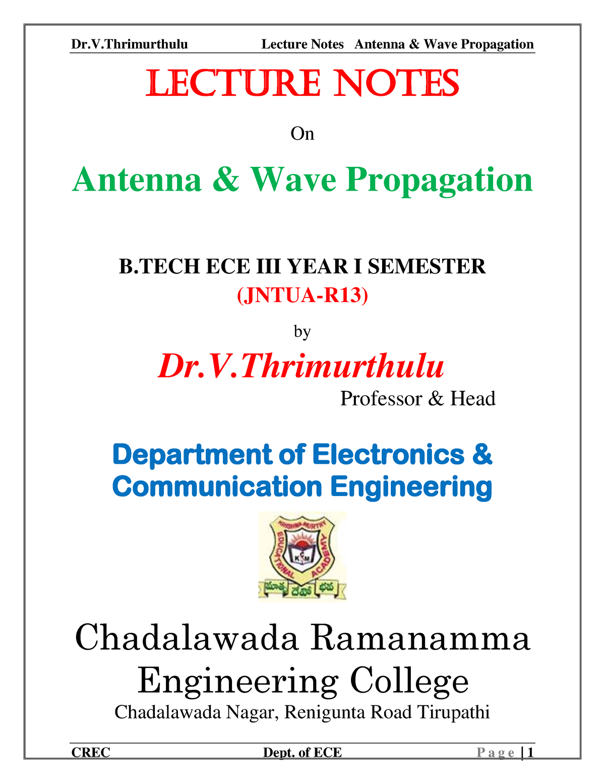 AWP Lecture Notes-final - Lecture Notes On Antenna & Wave Propagation B ...