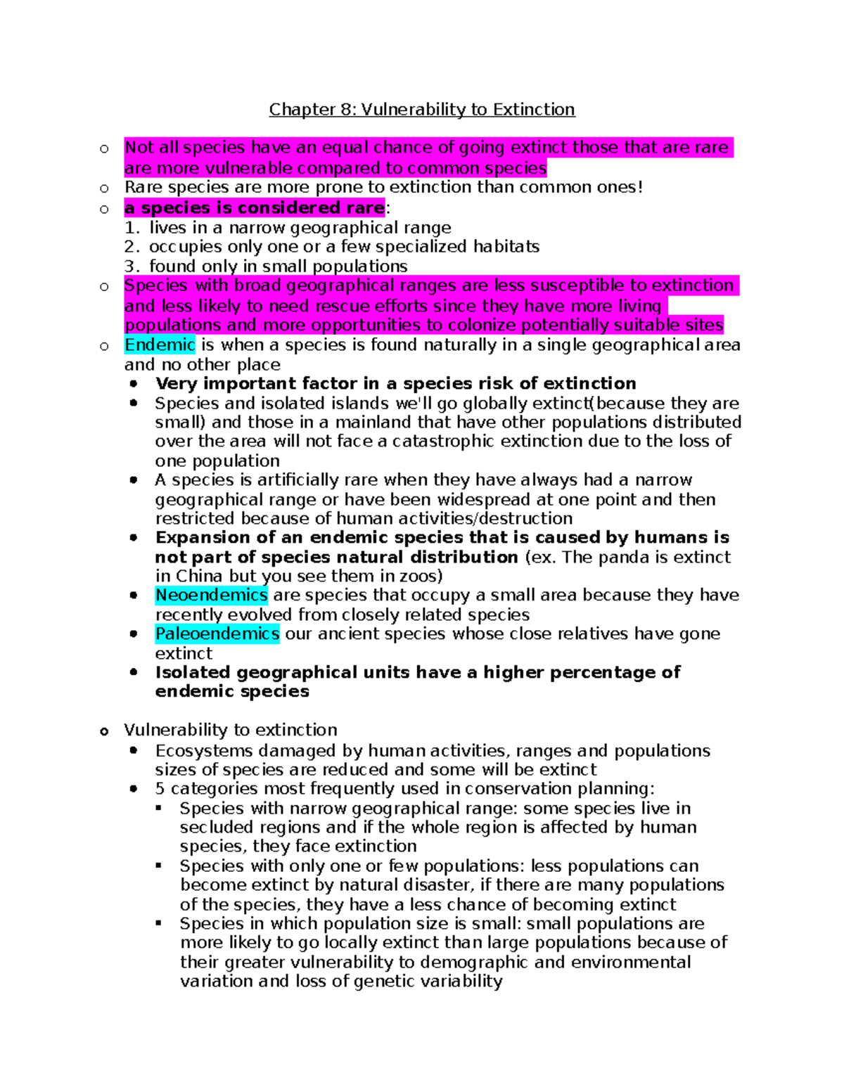 Chapter 8 Notes - Chapter 8: Vulnerability to Extinction o Not all ...