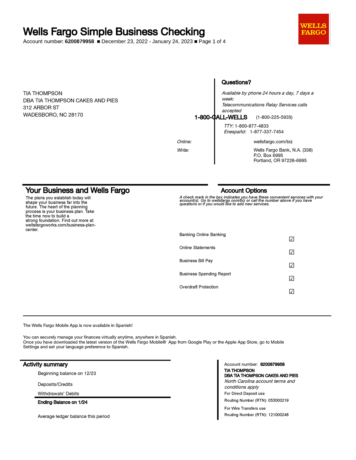 Bank Statements Wells Fargo Simple Business Checking Account Number 6200879958 December 23 