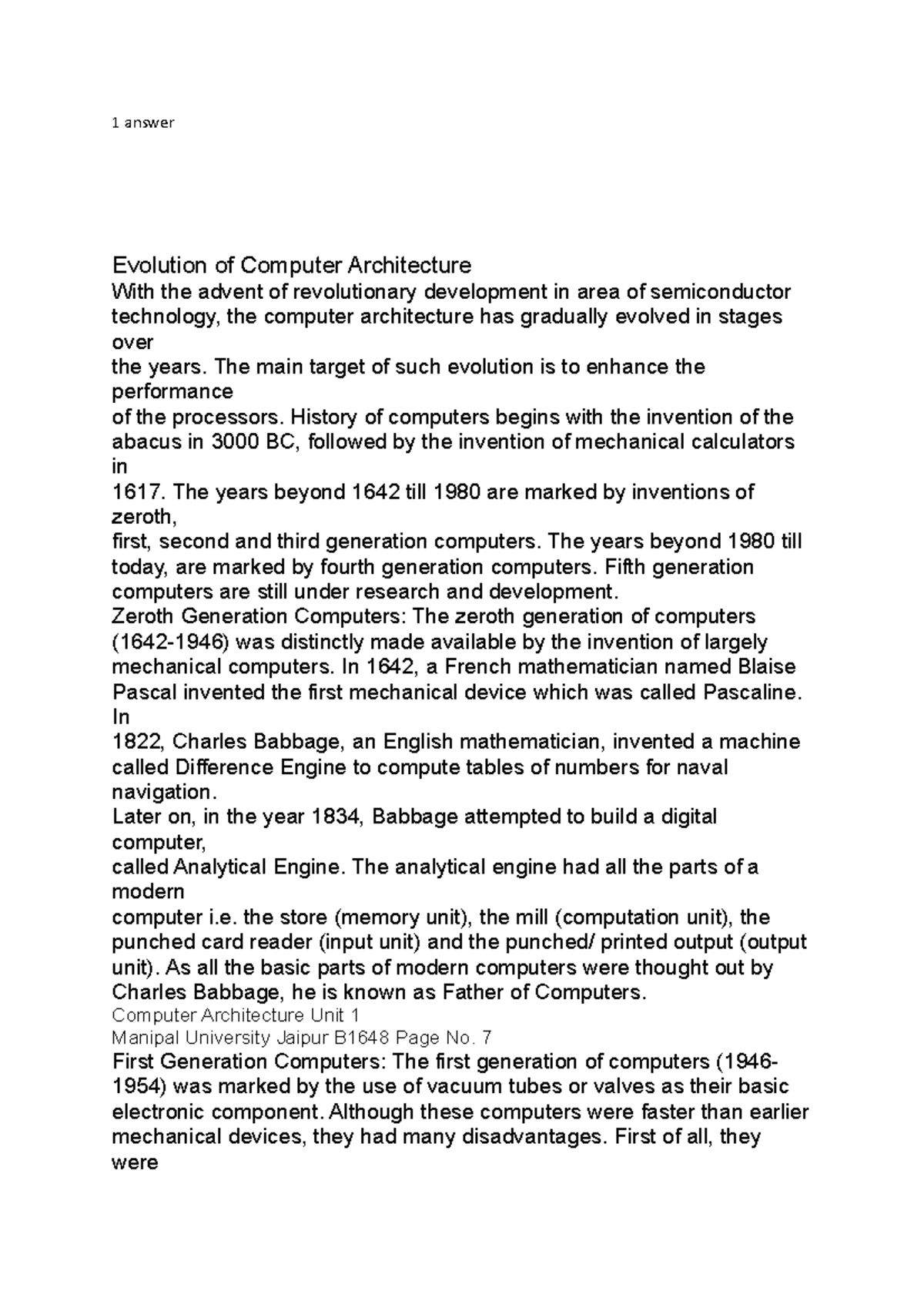 Ans-1 - 1 answer Evolution of Computer Architecture With the advent of ...