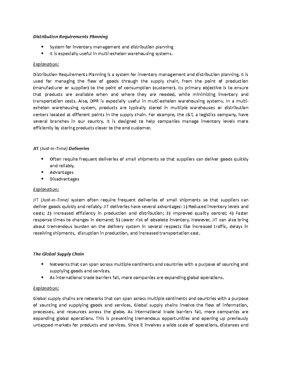 Distribution Requirements Planning—JIT Deliveries—Global Supply Chain Distribution
