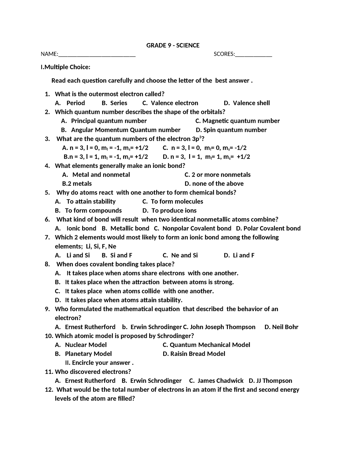 Grade 9 long test in science - GRADE 9 - SCIENCE NAME ...