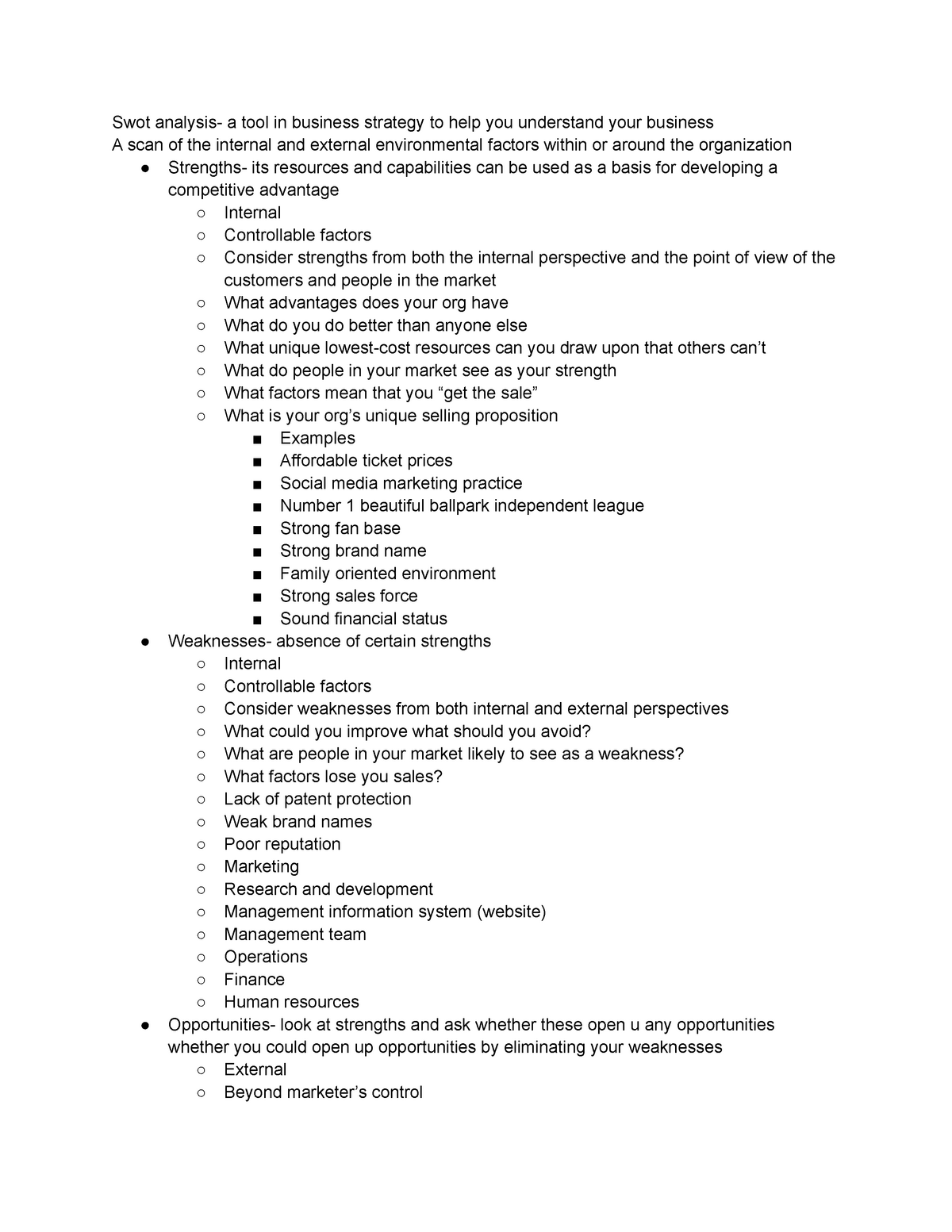 Swot Analysis - Dr. Kim Spt 285 Sport Marketing And Sponsorship - Swot 