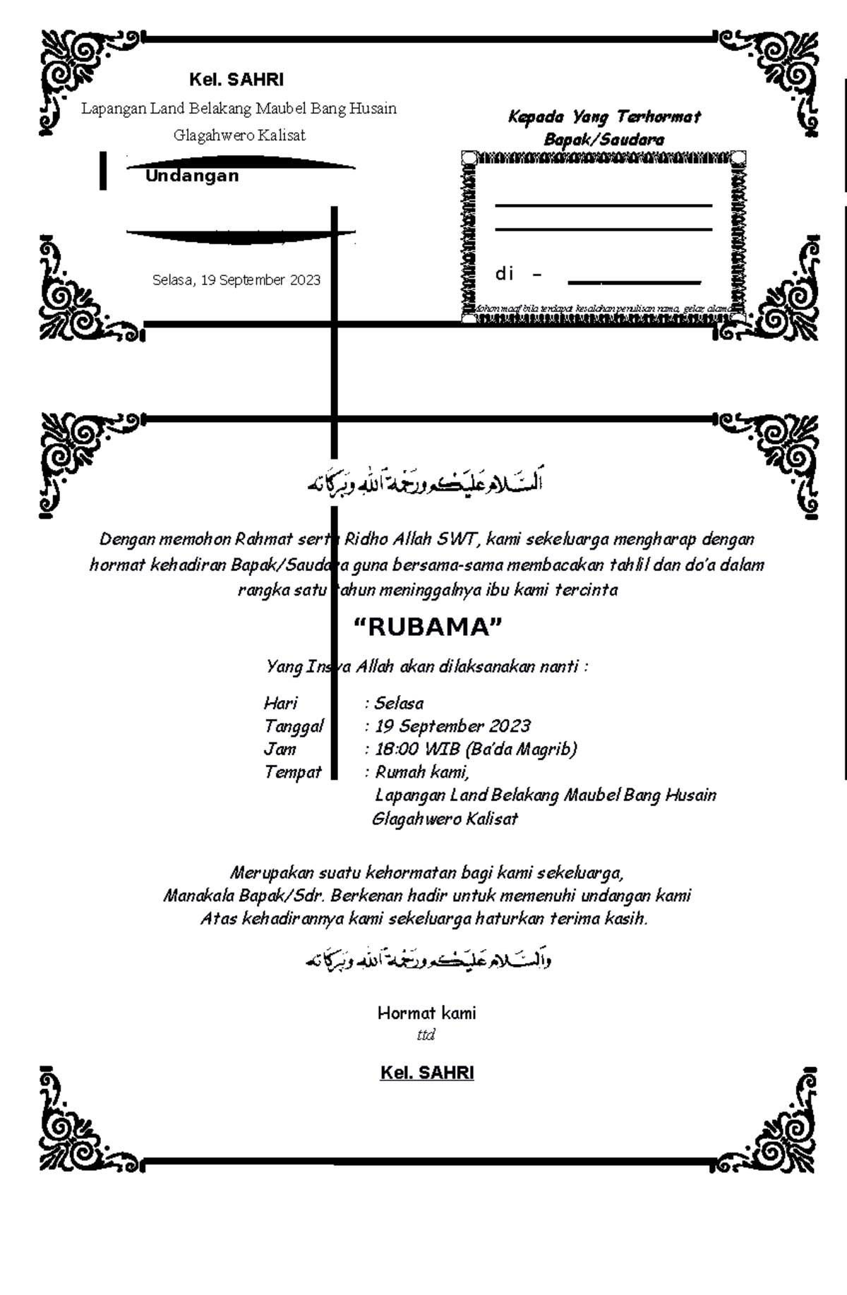 Rubama Undangan Tahlil 1000 Hari - Haul (1 Tahun) Mohon maaf bila ...