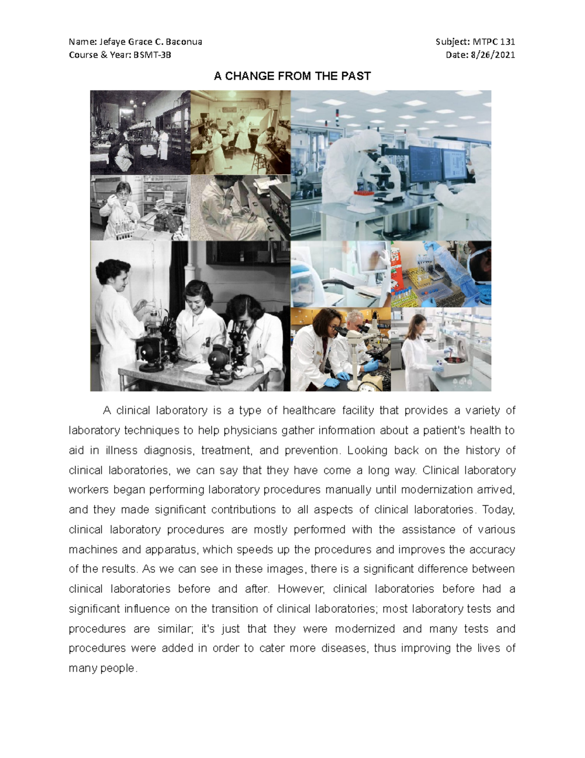 A Change FROM THE PAST - Clinical laboratory workers began performing ...