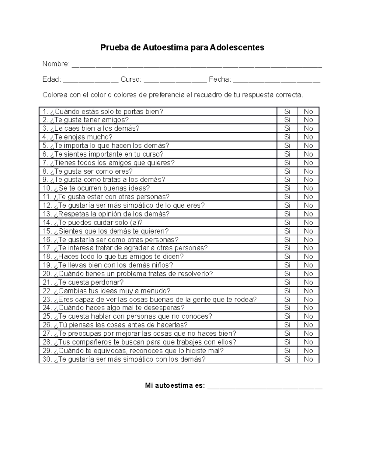 1. TEST DE Autoestima - Prueba de Autoestima para Adolescentes Nombre ...
