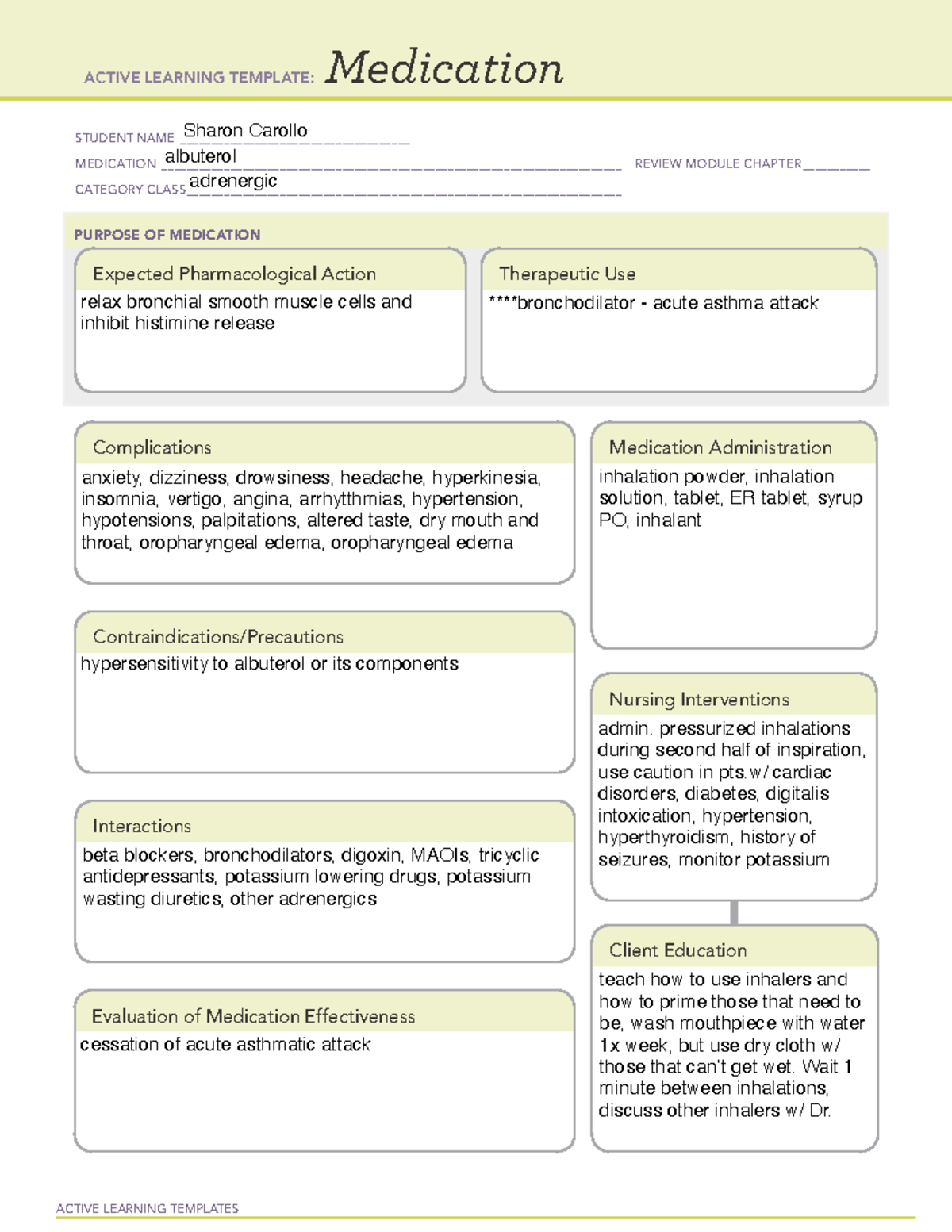 Albuterol - ALT - ACTIVE LEARNING TEMPLATES Medication STUDENT NAME ...